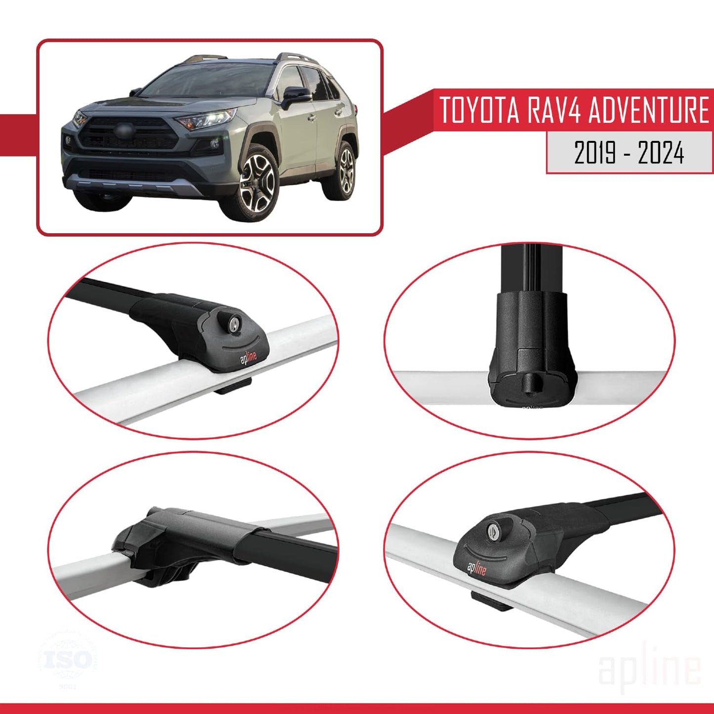 Compatible with Toyota RAV4 Adventure 2019-2024 ACE-1 Car Roof Rack Cross Bar Black Aluminium 3 Bars