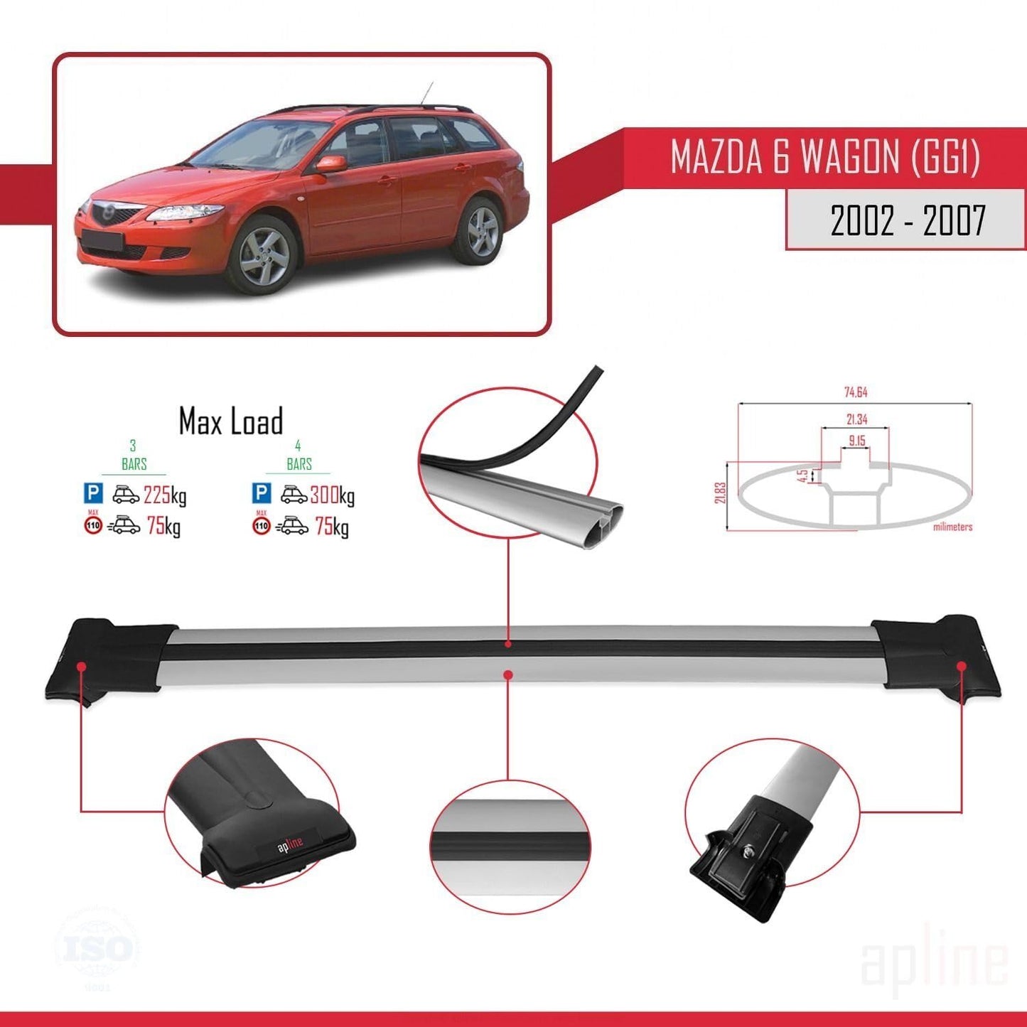 Compatible with Mazda 6 I (GG1) 2002-2007 Fly Model Car Roof Rack Cross Bar Grey Aluminium 3 Bars
