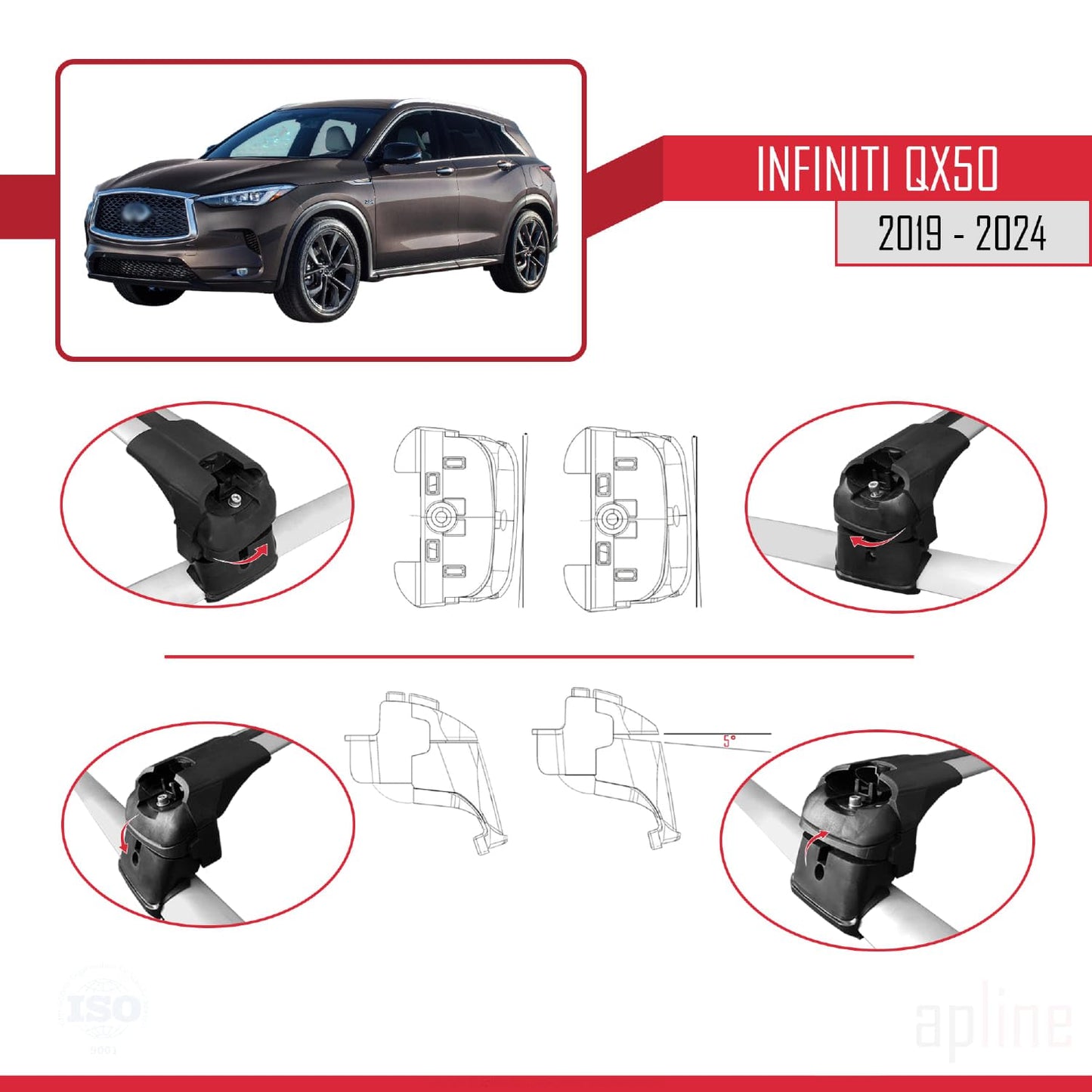 Compatible with Infiniti QX50 2019-2024 ACE-2 Car Roof Rack Cross Bar Grey Aluminium 2 Bars