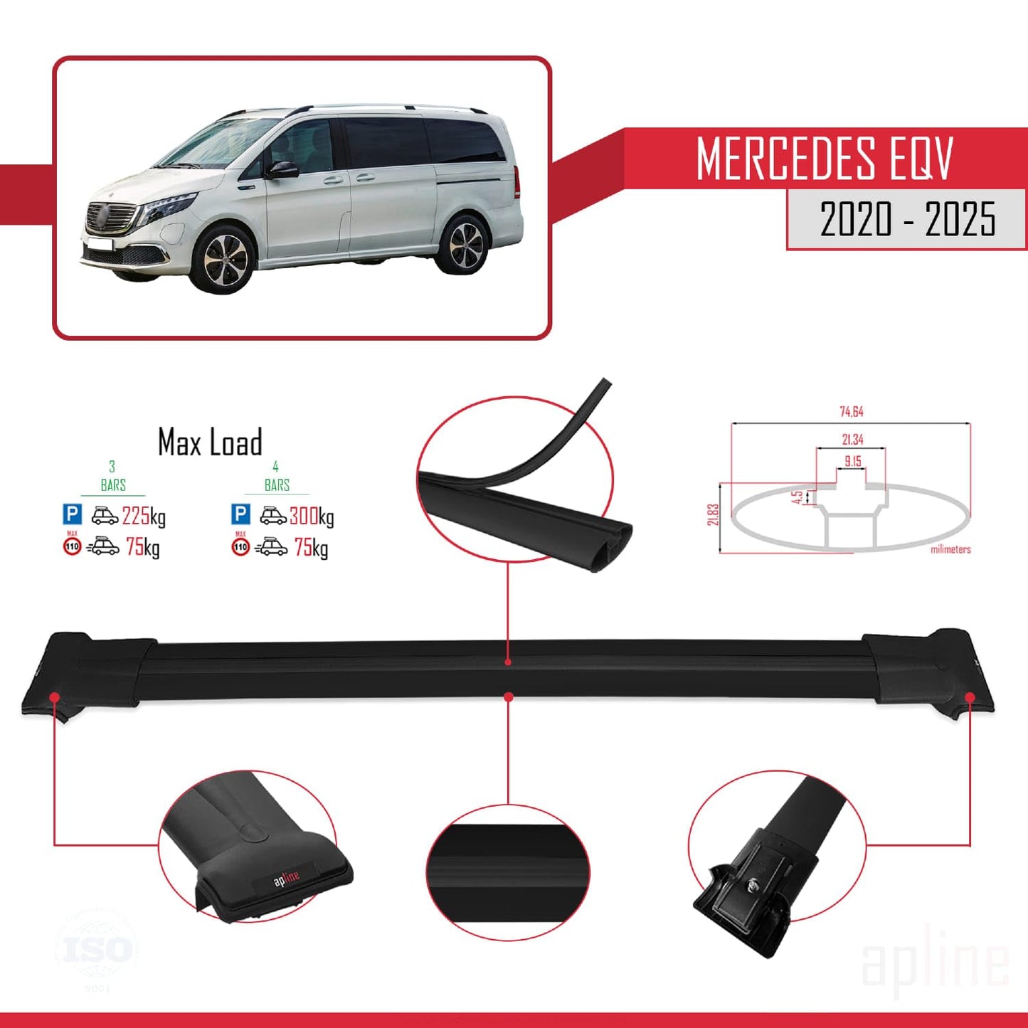 Compatible with Mercedes EQV (W447) 2020-2025 Fly Model Car Roof Rack Cross Bar Black Aluminium 3 Bars