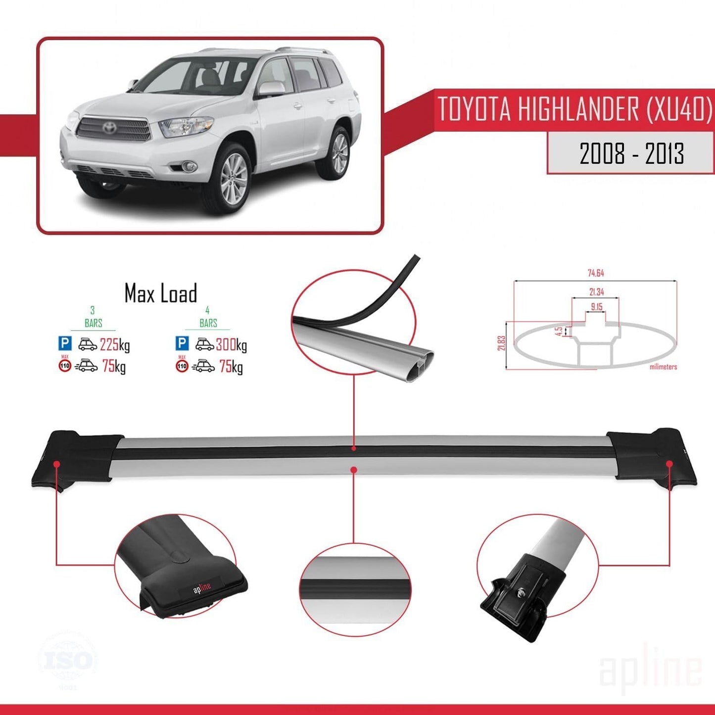 Compatible with Toyota Highlander (XU40) 2008-2013 Fly Model Car Roof Rack Cross Bar Grey Aluminium 3 Bars