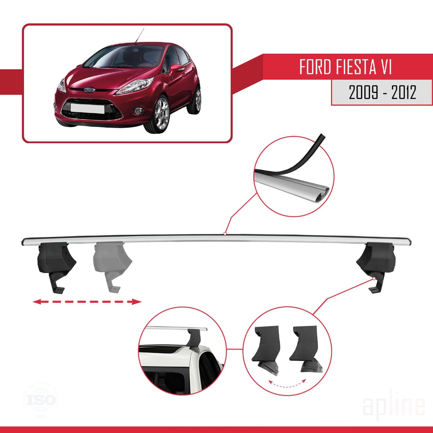 Compatible with Ford Fiesta 6 Pre-Facelift 2009-2012 ACE-4 Car Roof Rack Cross Bar Grey Aluminium 2 Bars