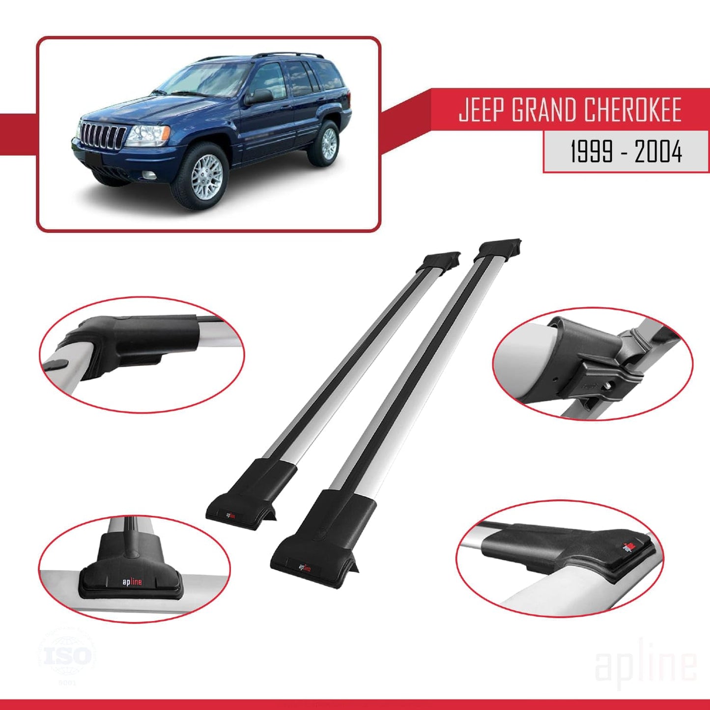 Compatible with Jeep Grand Cherokee 2 (WJ) 1999-2004 Fly Model Car Roof Rack Cross Bar Grey Aluminium 2 Bars