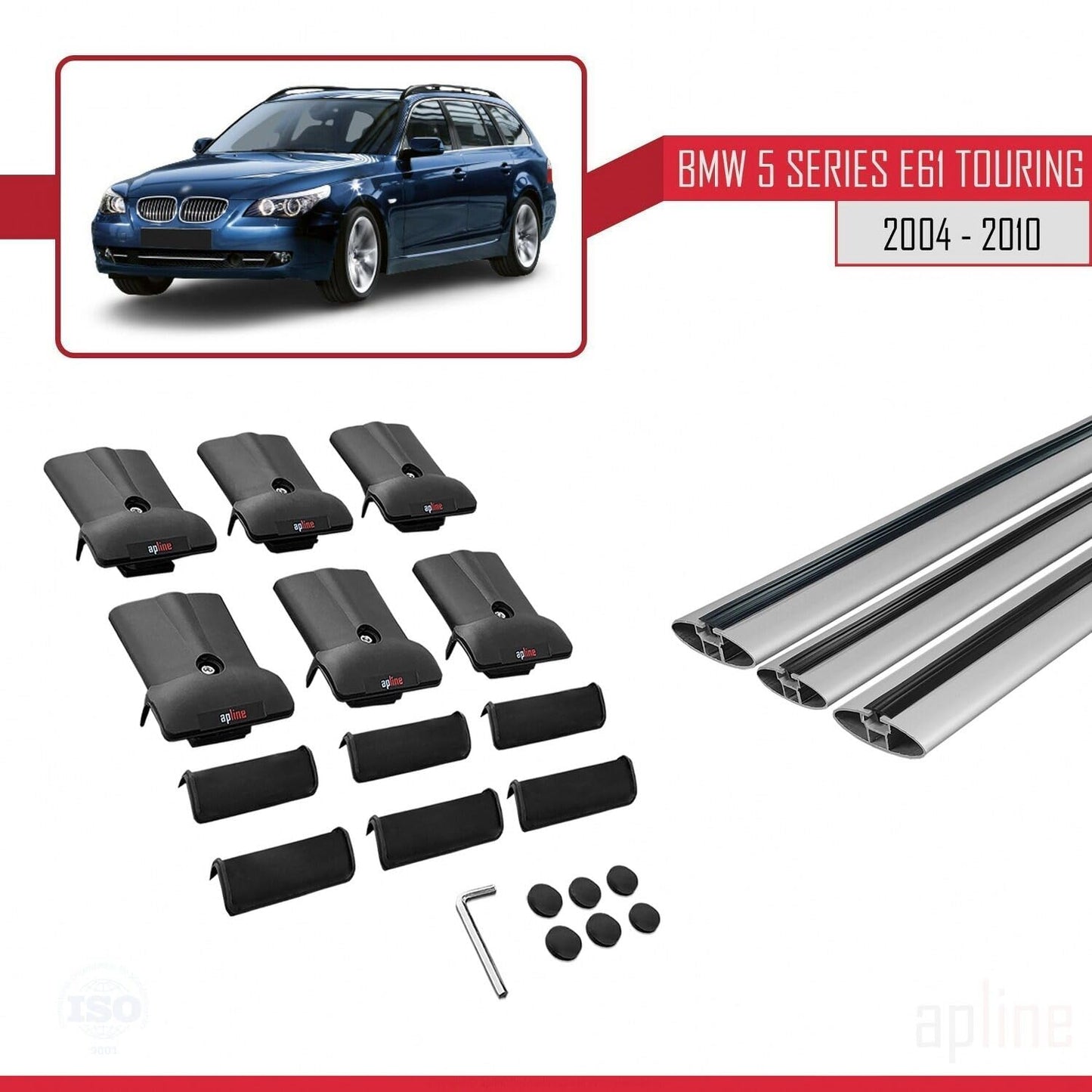 Compatible with BMW 5 Series (E61) Touring 2004-2010 Fly Model Car Roof Rack Cross Bar Grey Aluminium 3 Bars