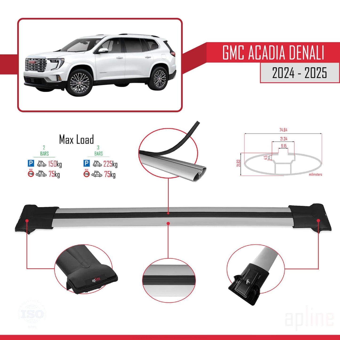 Compatible with GMC Acadia Denali 2024-2025 Fly Model Car Roof Rack Cross Bar Grey Aluminium 2 Bars