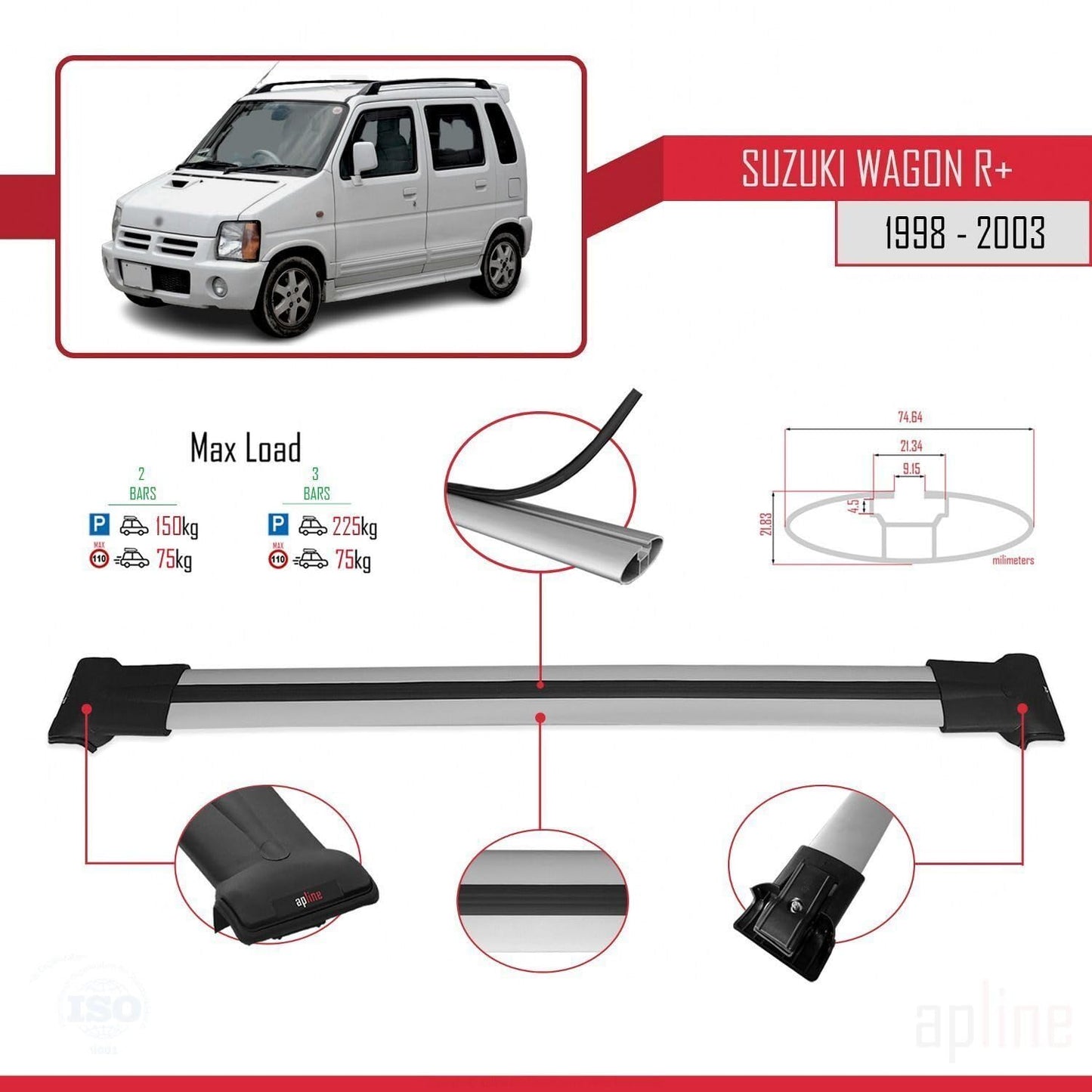Compatible with Suzuki Wagon R+ 1998-2003 Fly Model Car Roof Rack Cross Bar Grey Aluminium 2 Bars