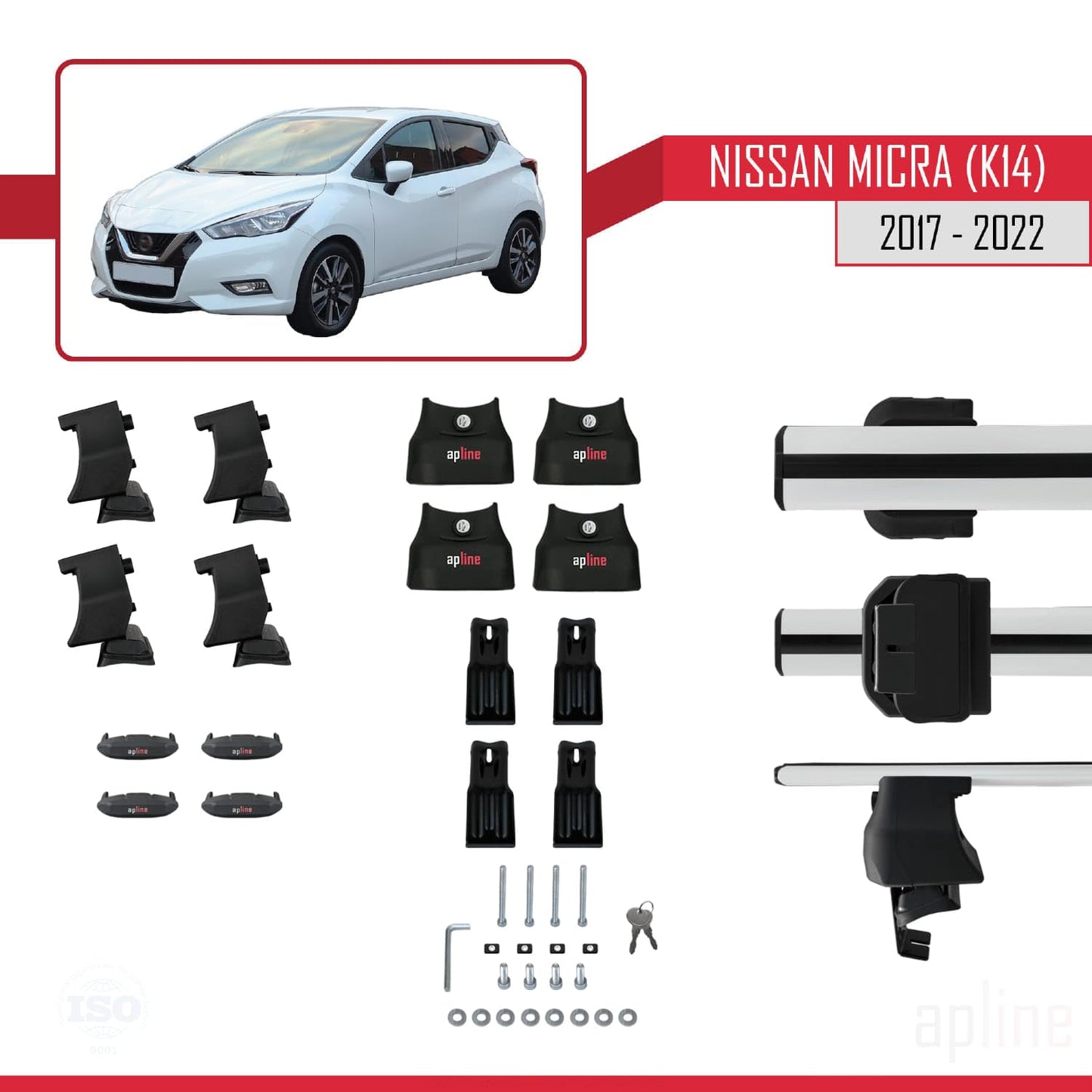 Compatible with Nissan Micra 5 (K14) 2017-2022 ACE-4 Car Roof Rack Cross Bar Grey Aluminium 2 Bars