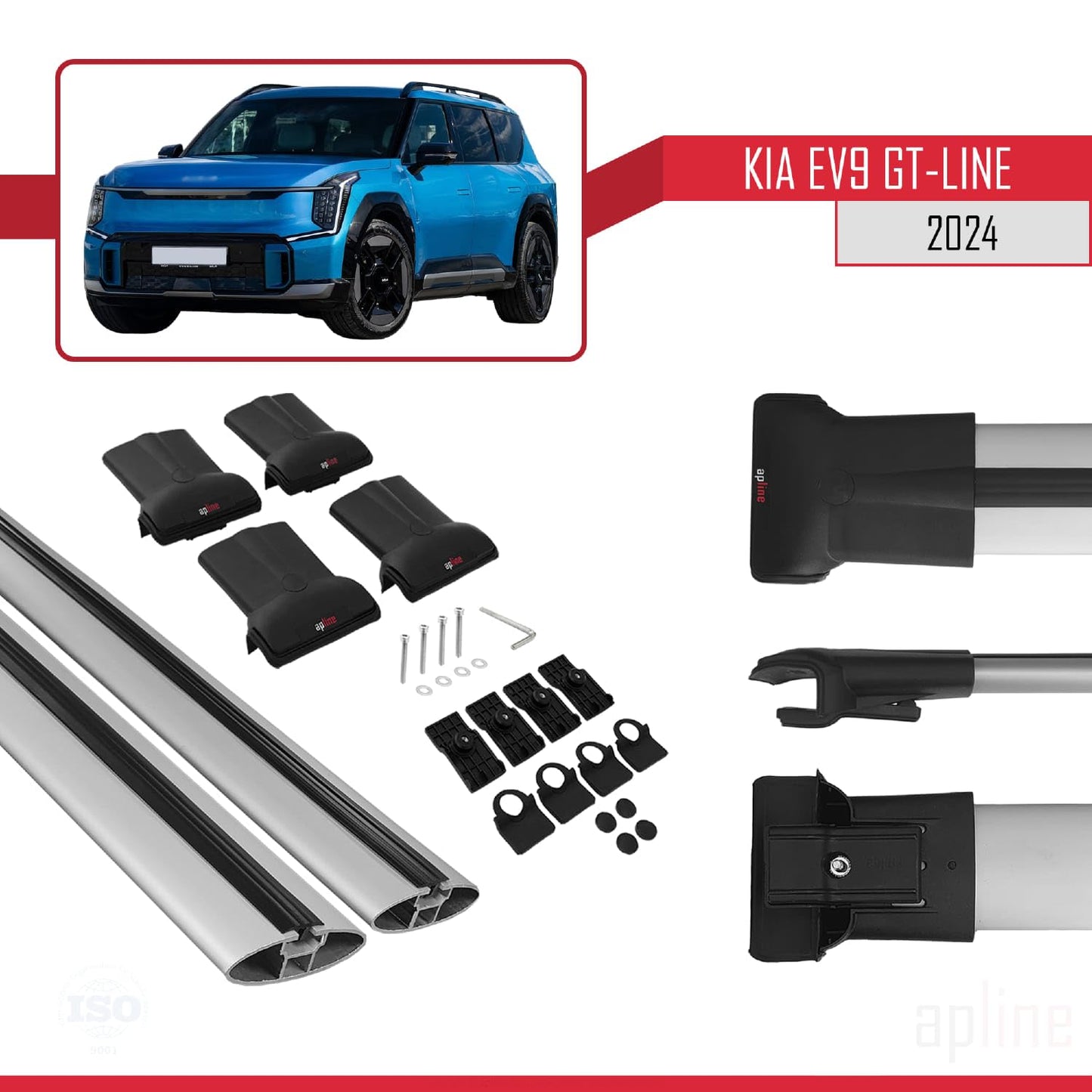 Compatible with KIA EV9 GT-LINE 2024-2025 Fly Model Car Roof Rack Cross Bar Grey Aluminium 2 Bars