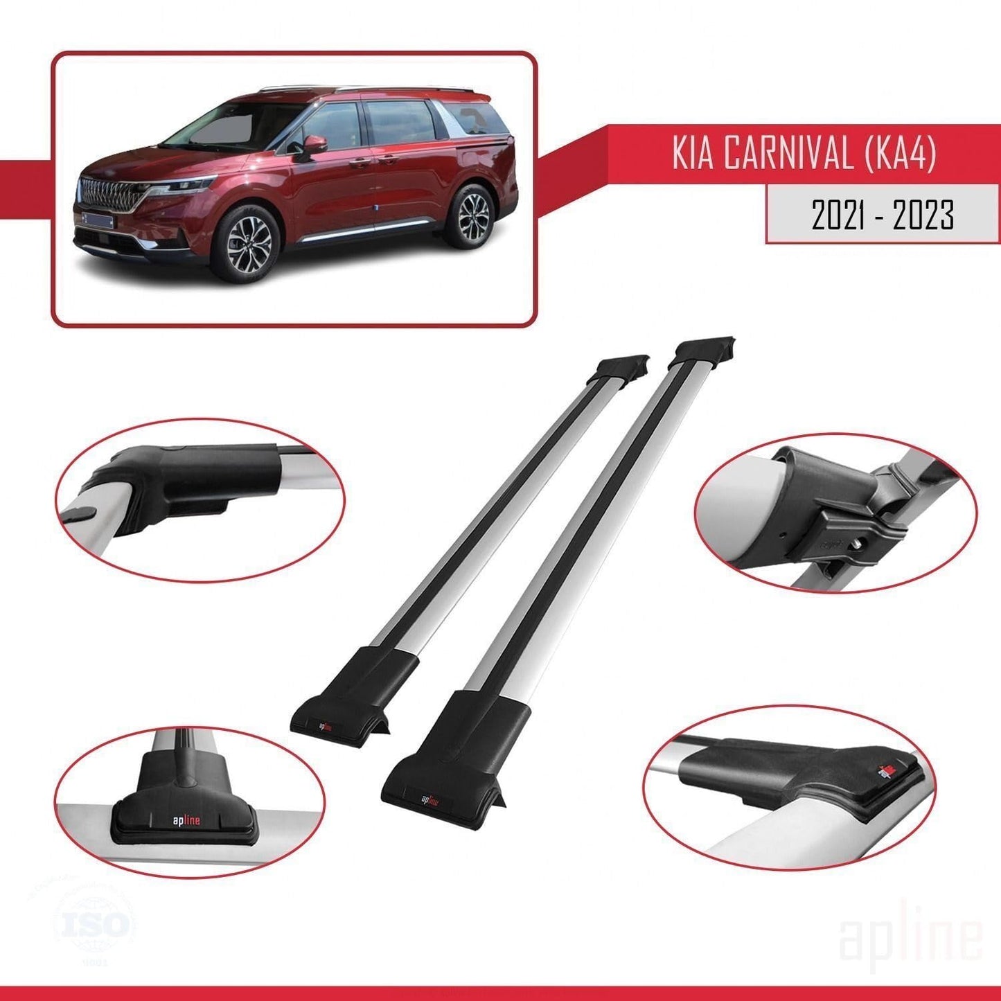 Compatible with Kia Carnival 4 (KA4) 2021-2023 Fly Model Car Roof Rack Cross Bar Grey Aluminium 2 Bars