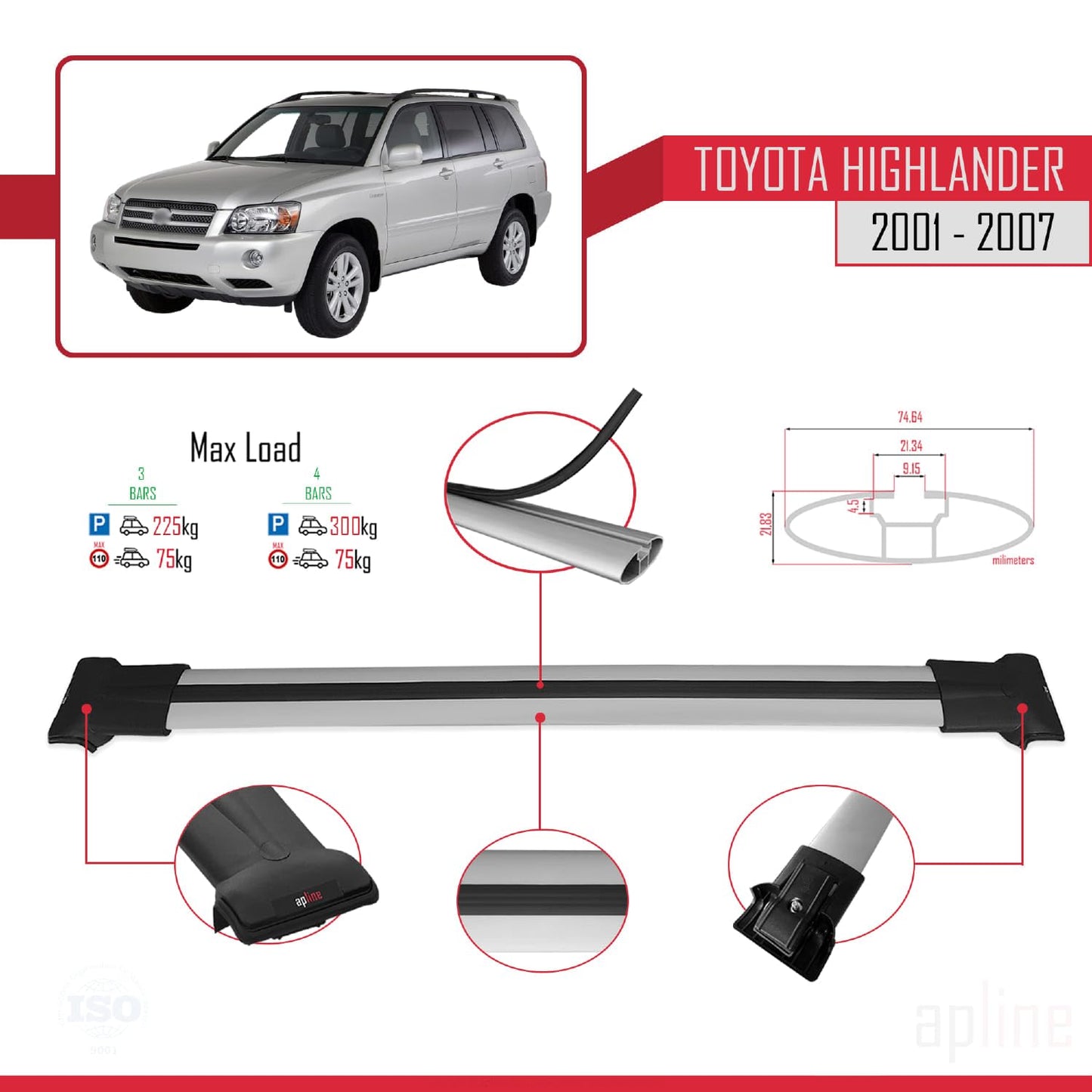 Compatible with Toyota Highlander 2001-2007 Fly Model Car Roof Rack Cross Bar Grey Aluminium 4 Bars