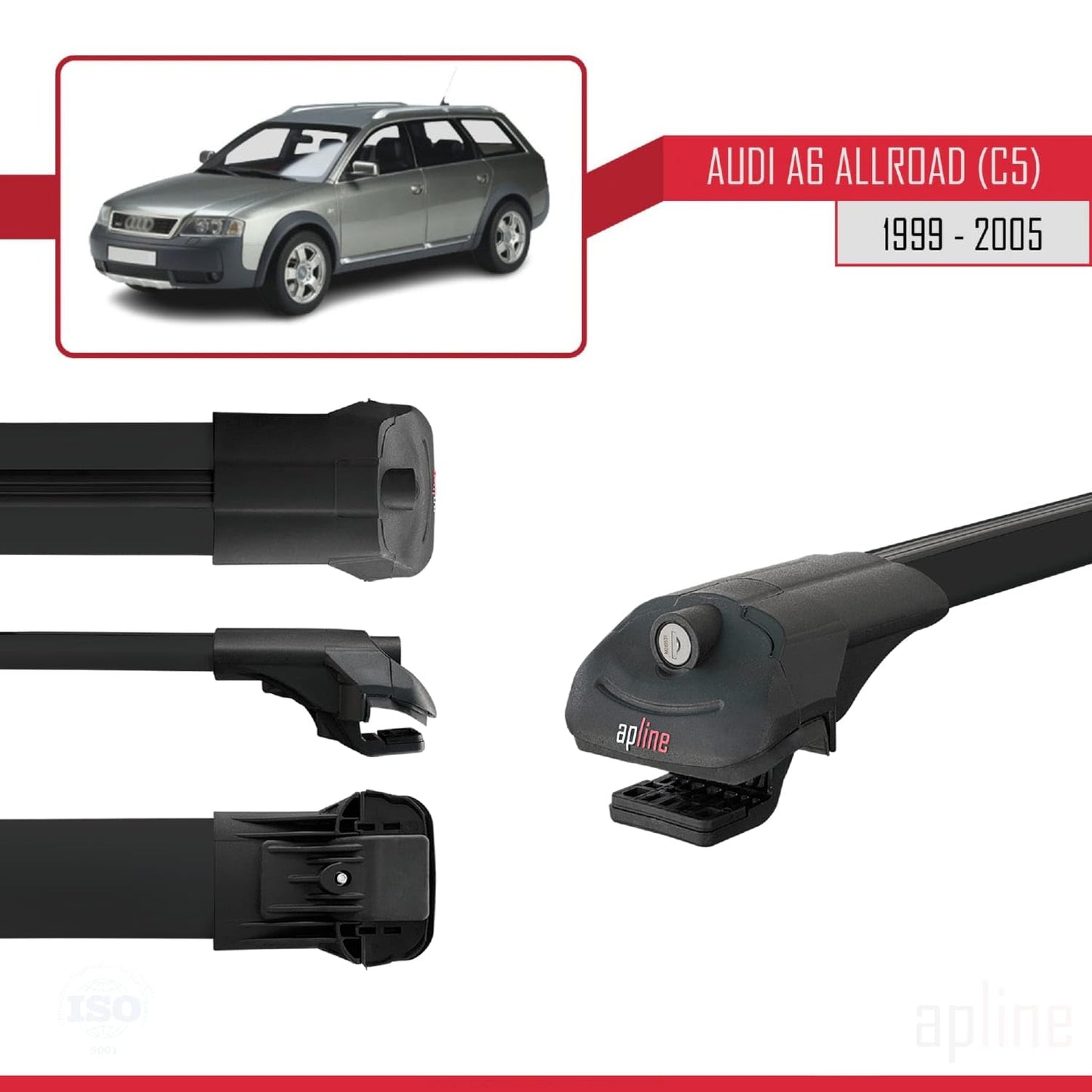 Compatible with Audi A6 (C5) Allroad 1999-2005 ACE-1 Car Roof Rack Cross Bar Black Aluminium 3 Bars