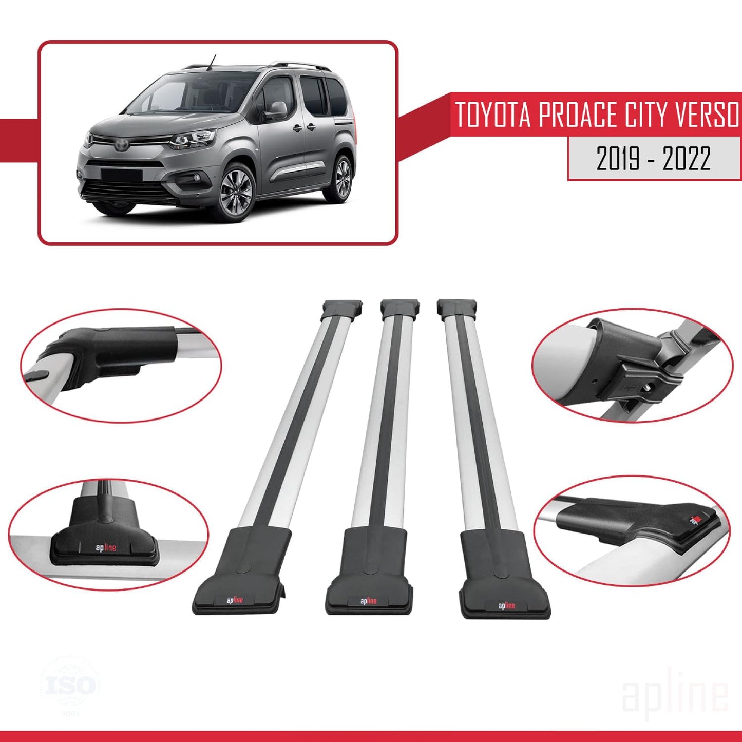 Compatible with Toyota Proace City Verso 2019-2022 Fly Model Car Roof Rack Cross Bar Grey Aluminium 3 Bars