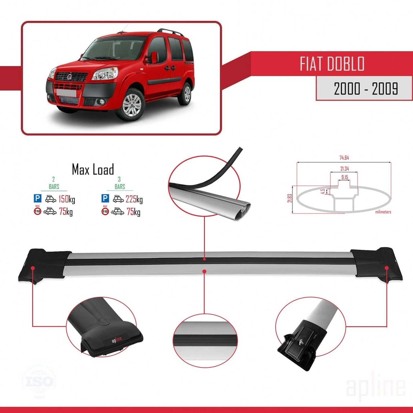 Compatible with Fiat Doblo 2000-2009 Fly Model Car Roof Rack Cross Bar Grey Aluminium 2 Bars