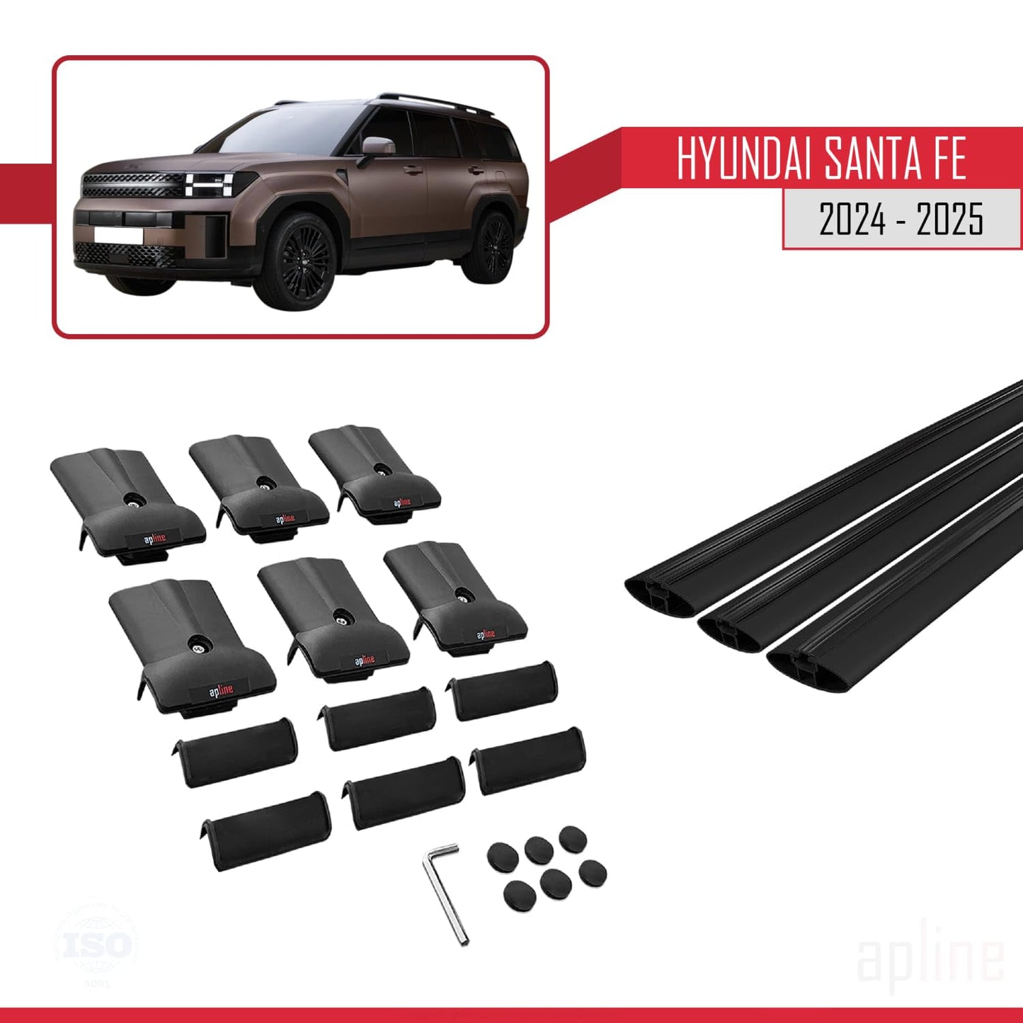 Compatible with Hyundai Santa Fe 2024-2025 Fly Model Car Roof Rack Cross Bar Black Aluminium 3 Bars