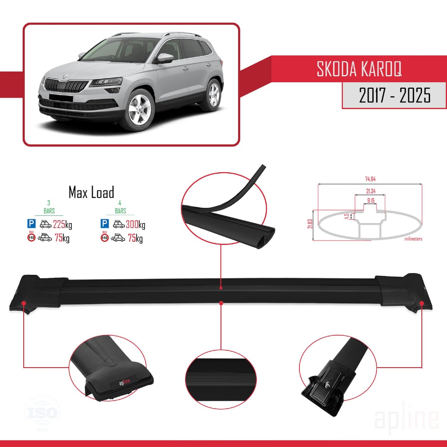 Compatible with Skoda Karoq 2017-2025 Fly Model Car Roof Rack Cross Bar Black Aluminium 3 Bars