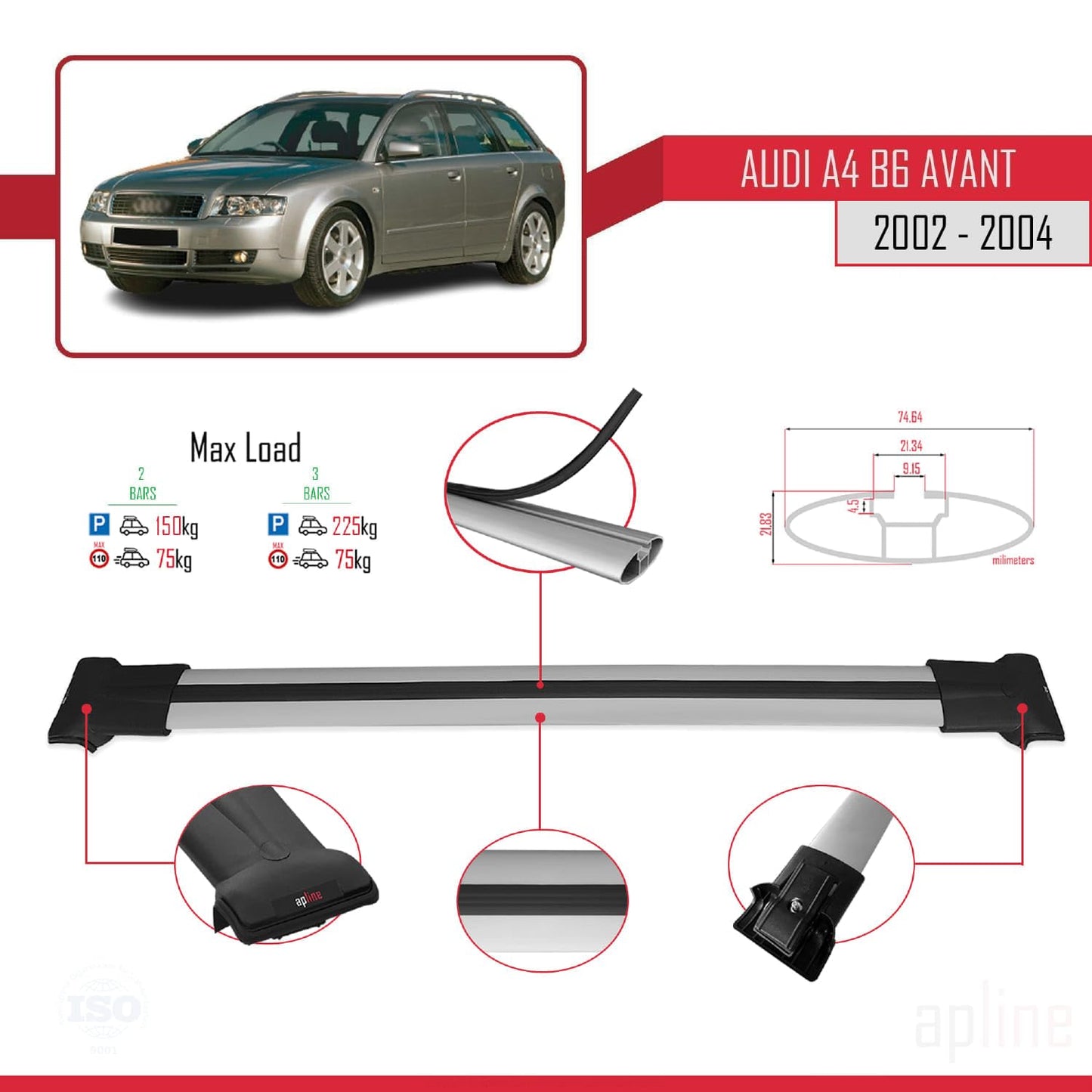 Compatible with Audi A4 (B6) Avant 2002-2004 Fly Model Car Roof Rack Cross Bar Grey Aluminium 2 Bars