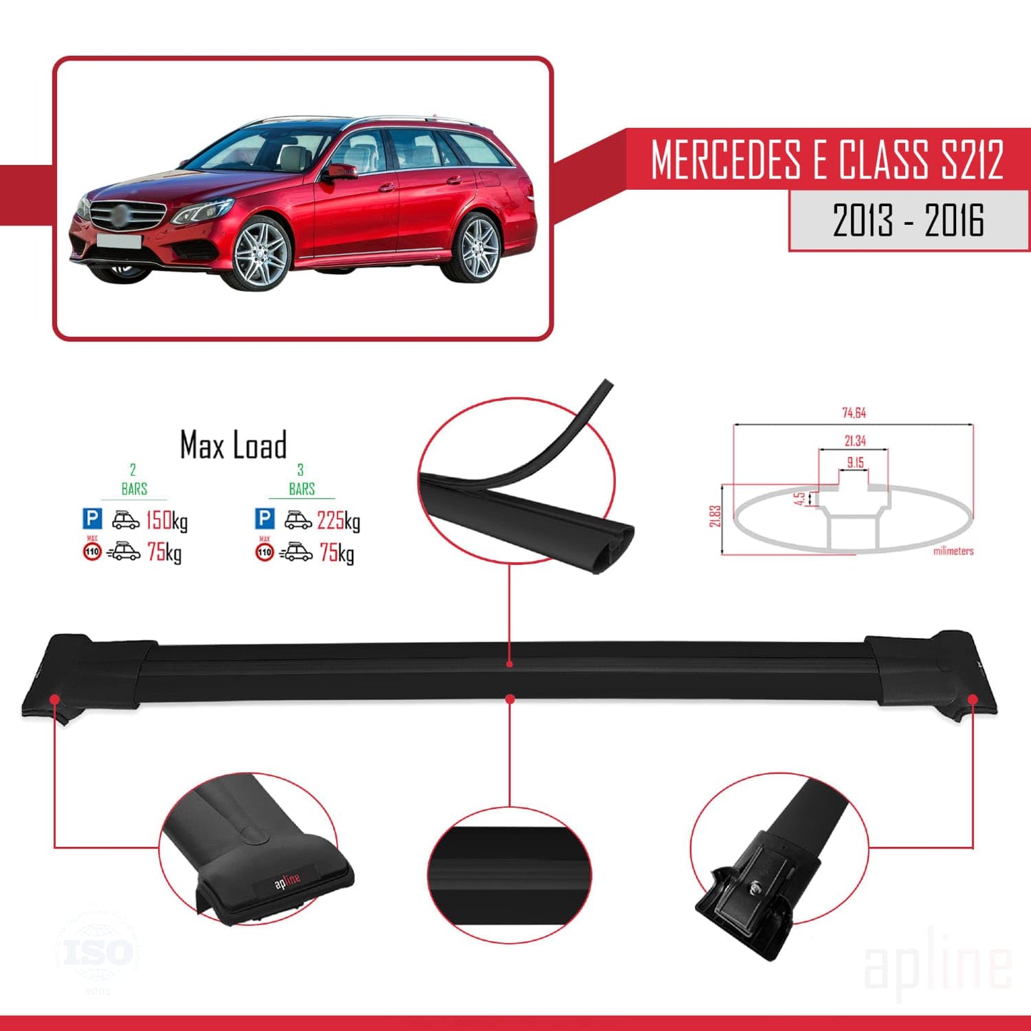 Compatible with Mercedes E Class S212 2013-2016 Fly Model Car Roof Rack Cross Bar Black Aluminium 2 Bars