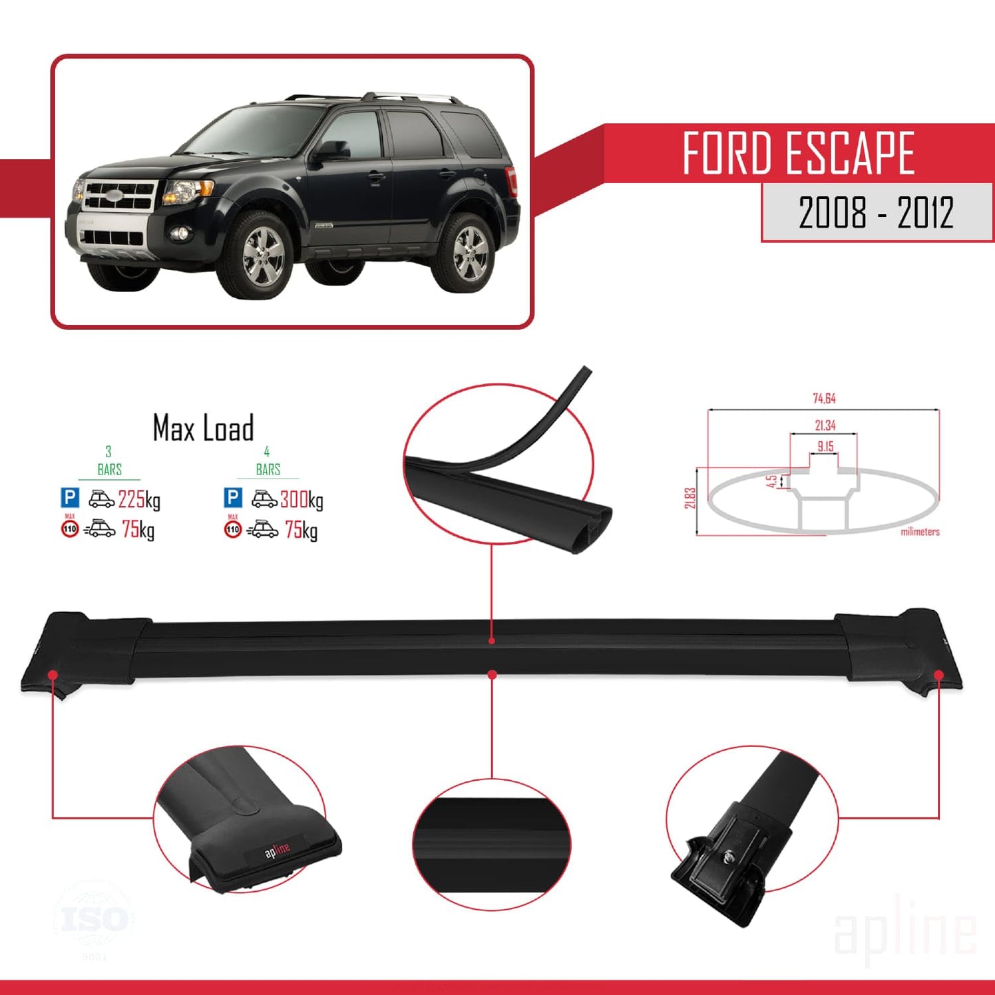 Compatible with Ford Escape 2008-2012 Fly Model Car Roof Rack Cross Bar Black Aluminium 3 Bars
