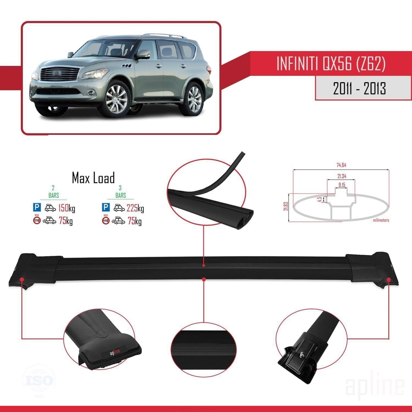 Compatible with IInfiniti QX56 (Z62) 2011-2013 Fly Model Car Roof Rack Cross Bar Black Aluminium 2 Bars