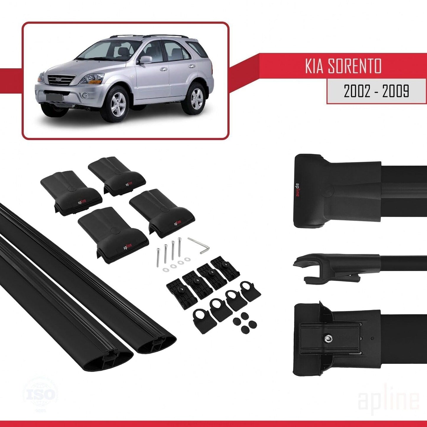 Compatible with Kia Sorento (BL) 2002-2009 Fly Model Car Roof Rack Cross Bar Black Aluminium 2 Bars
