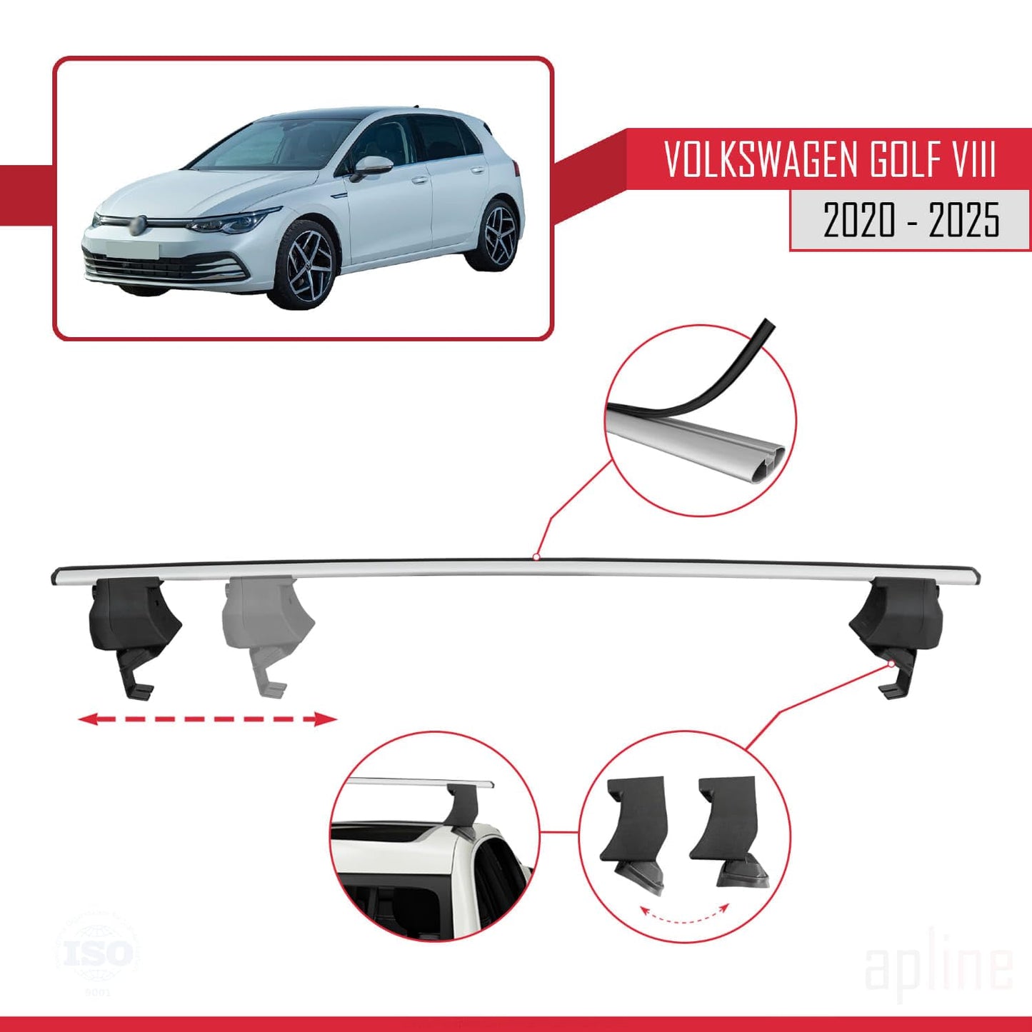 Compatible with Volkswagen Golf 8 (CD1) 2020-2025 ACE-4 Car Roof Rack Cross Bar Grey Aluminium 2 Bars