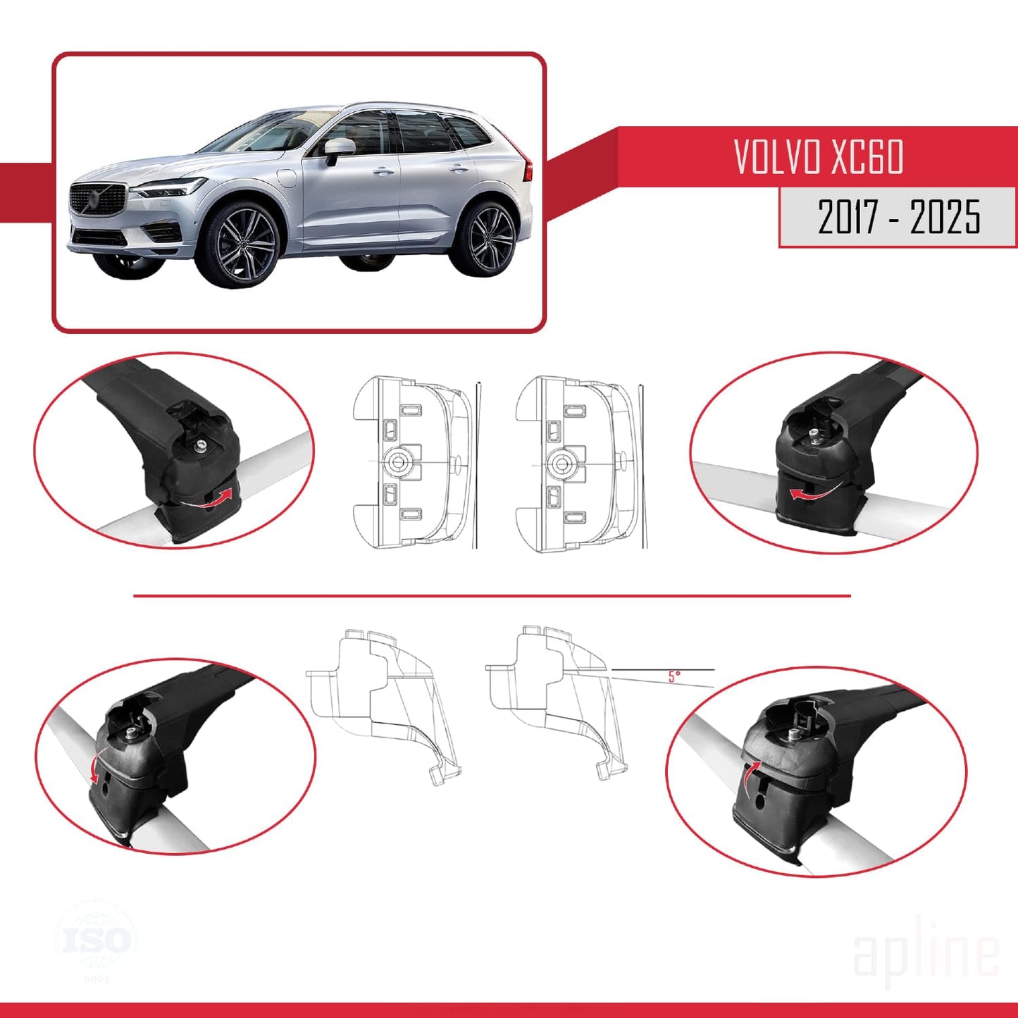 Compatible with Volvo XC60 II 2017-2025 ACE-2 Car Roof Rack Cross Bar Black Aluminium 2 Bars