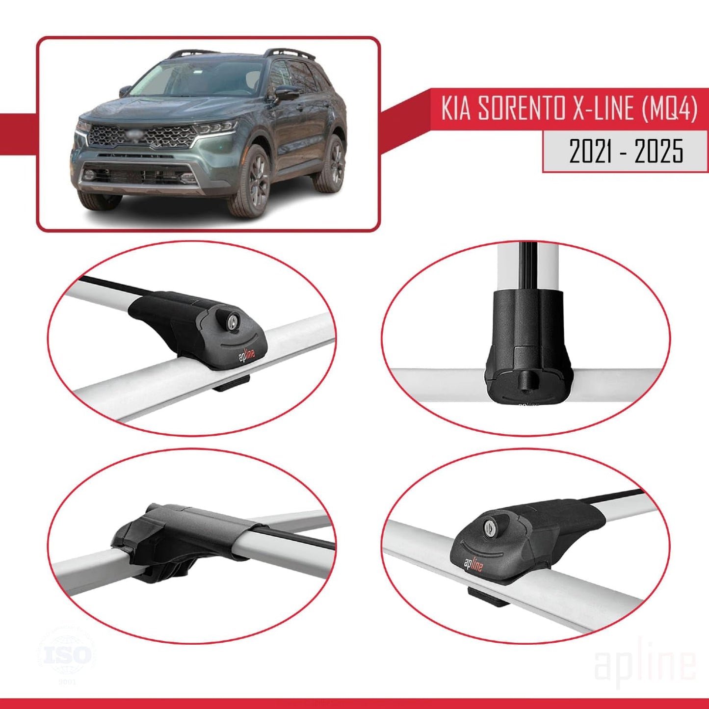 Compatible with Kia Sorento 4 (MQ4) X-Line 2021-2025 ACE-1 Car Roof Rack Cross Bar Grey Aluminium 3 Bars