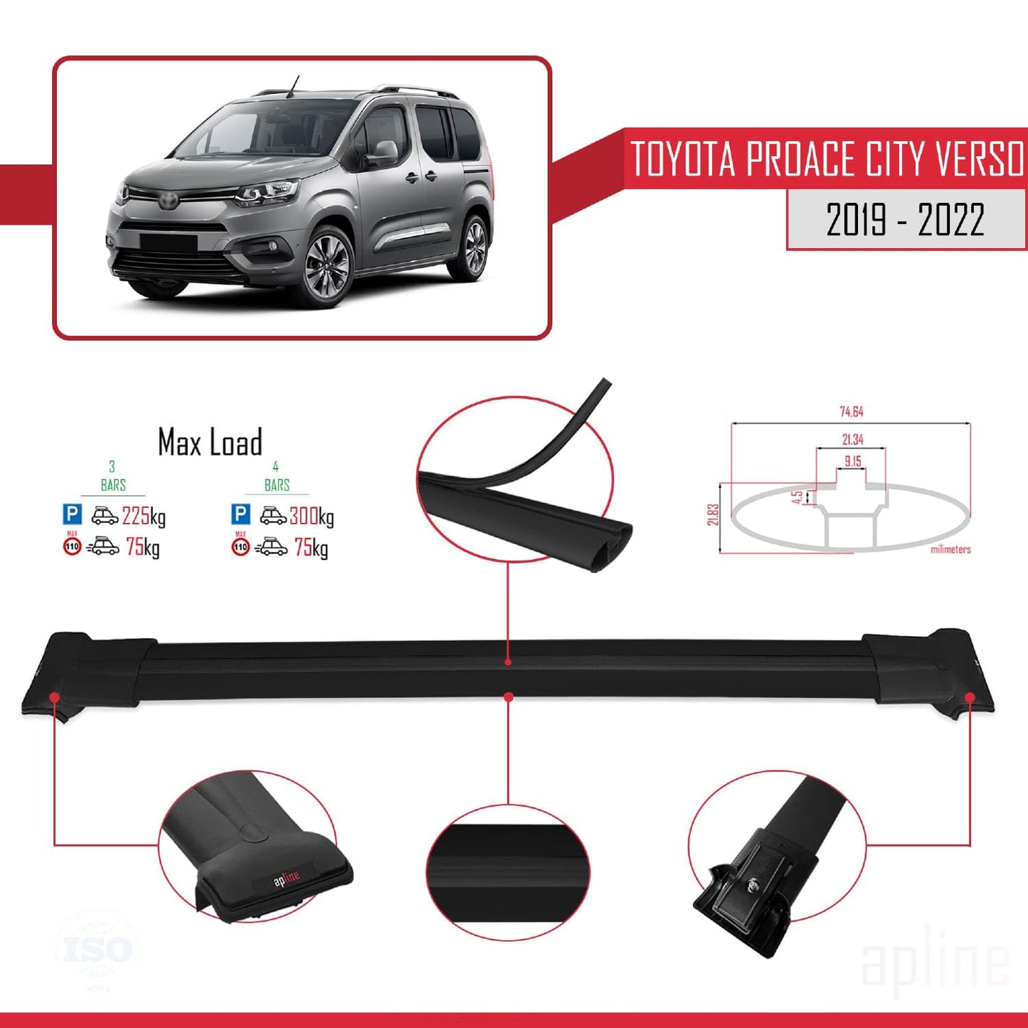 Compatible with Toyota Proace City Verso 2019-2022 Fly Model Car Roof Rack Cross Bar Black Aluminium 3 Bars