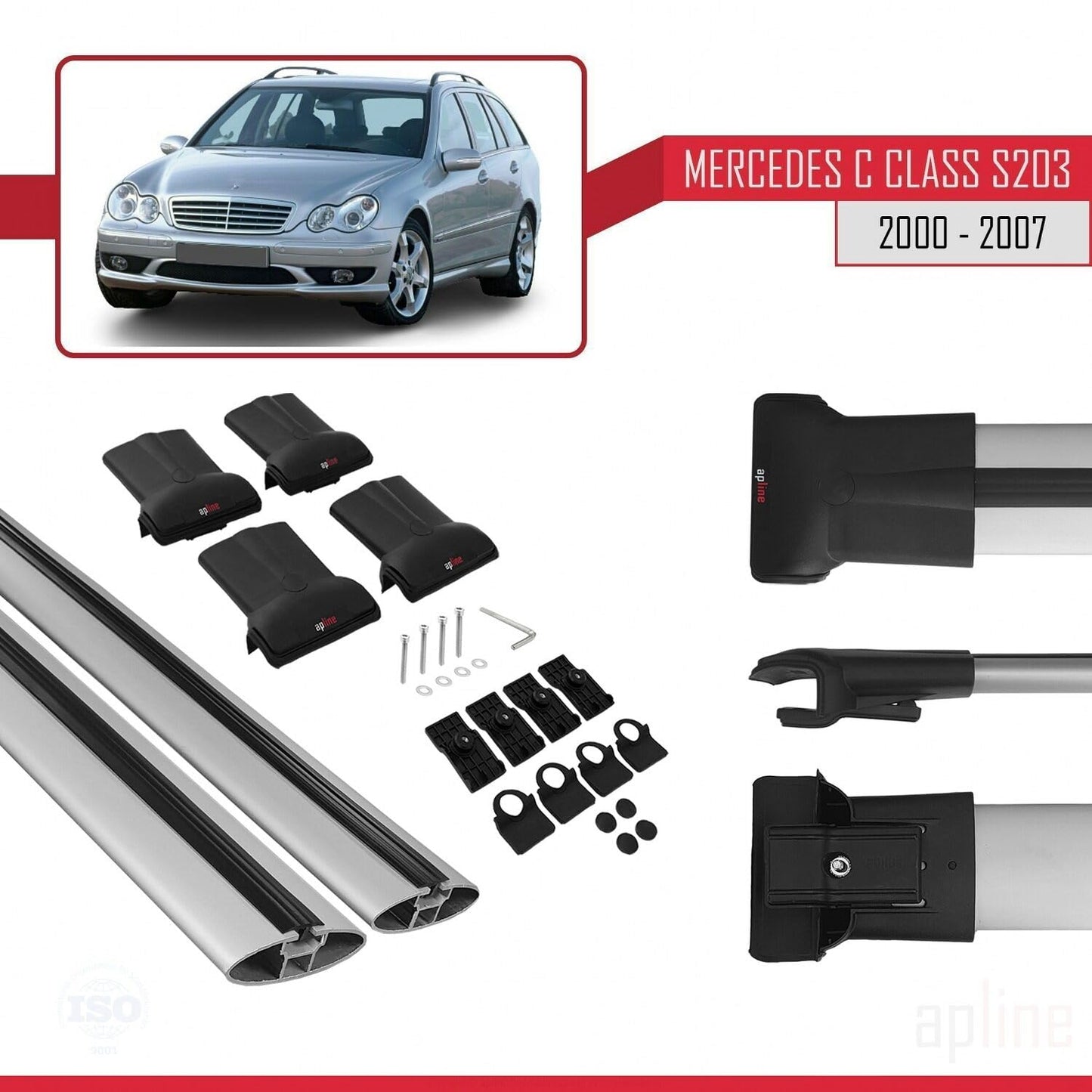 Compatible with Mercedes C Class 2 (S203) 2000-2007 Fly Model Car Roof Rack Cross Bar Grey Aluminium 2 Bars