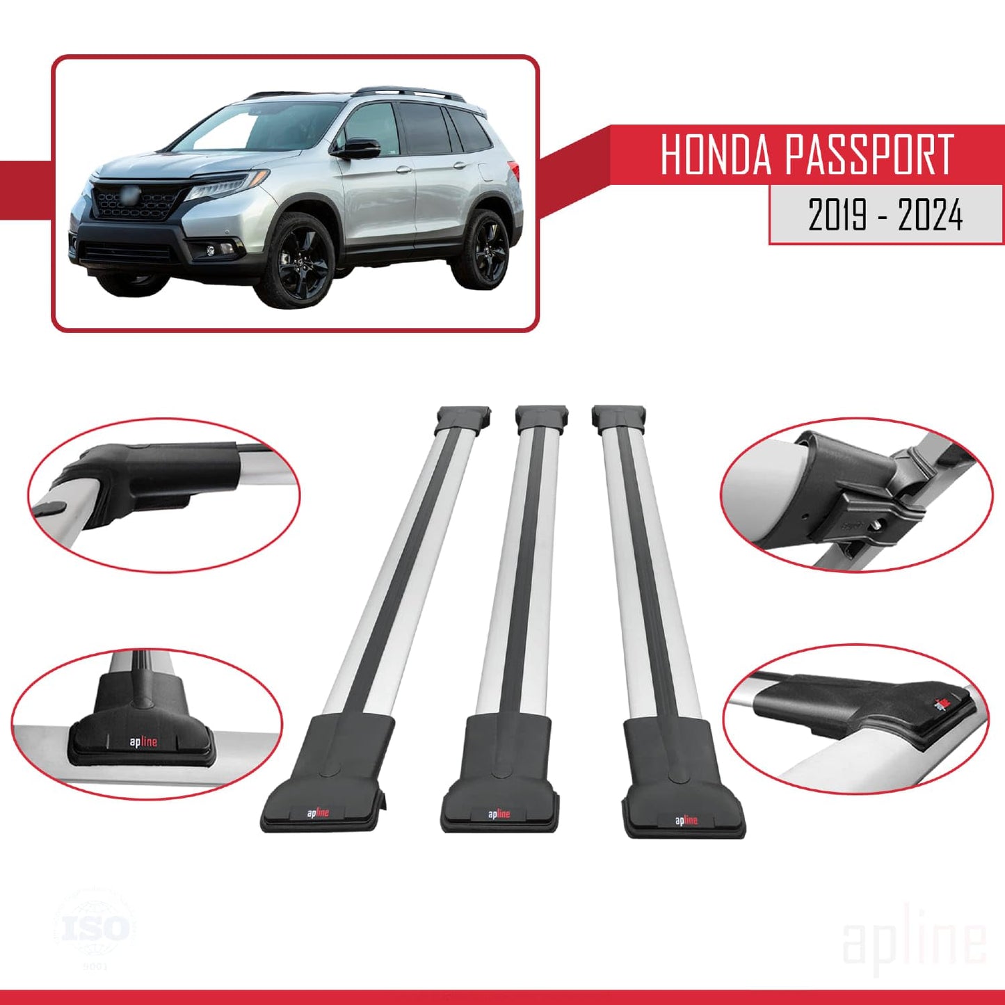 Compatible with Honda Passport 2019-2024 Fly Model Car Roof Rack Cross Bar Grey Aluminium 3 Bars