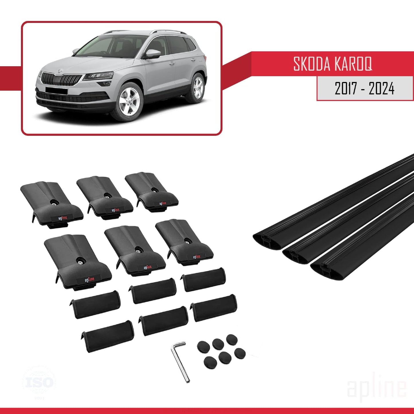 Compatible with Skoda Karoq 2017-2025 Fly Model Car Roof Rack Cross Bar Black Aluminium 3 Bars