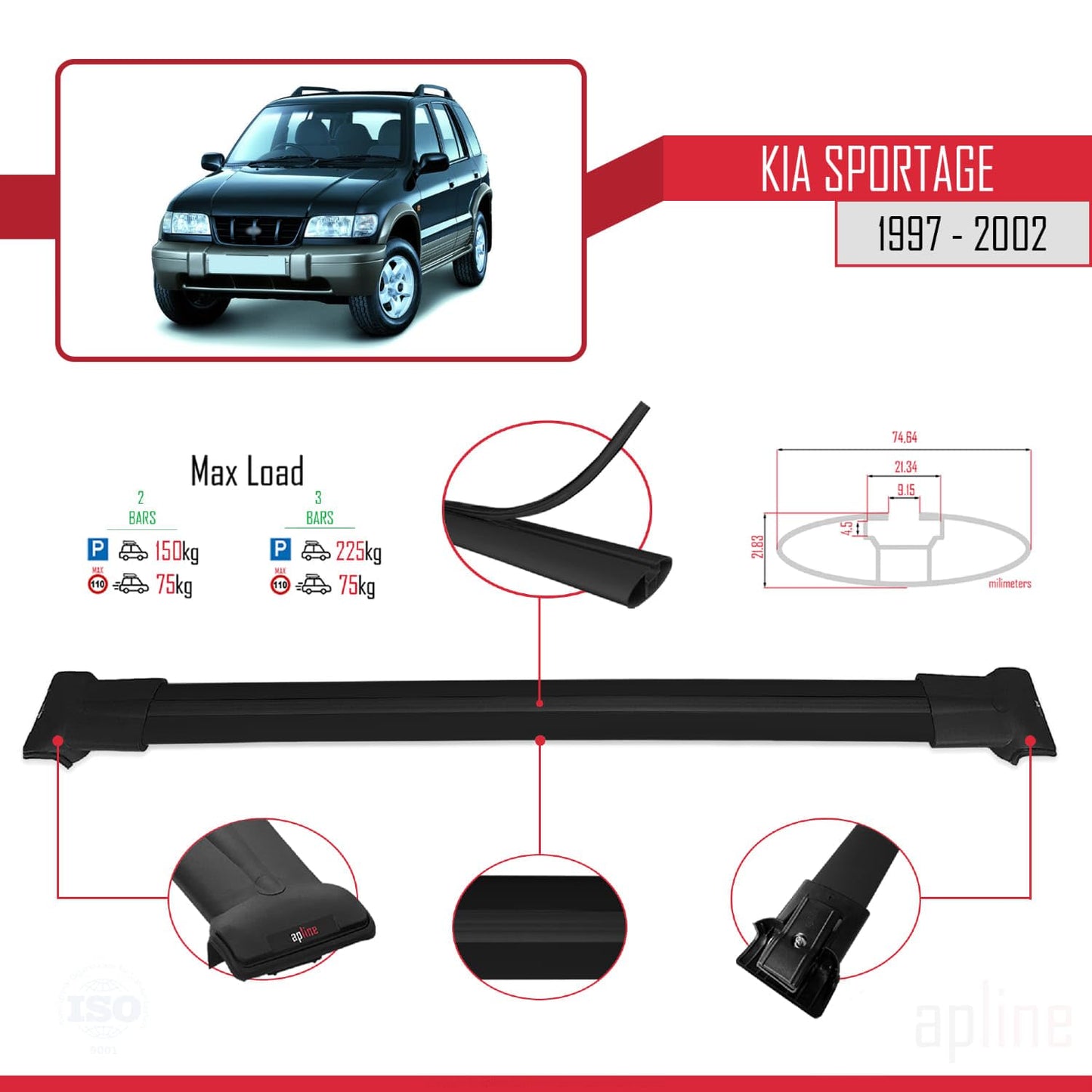 Compatible with Kia Sportage 1997-2002 Fly Model Car Roof Rack Cross Bar Black Aluminium 2 Bars