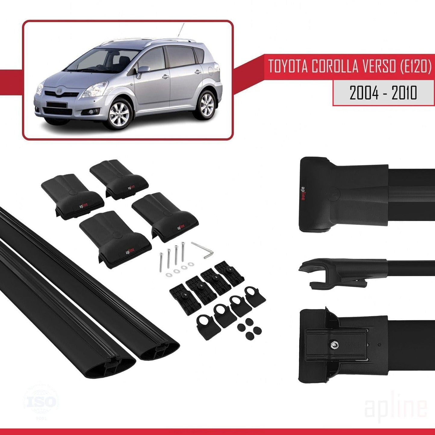 Compatible with Toyota Corolla Verso 2 (AR10) 2004-2010 Fly Model Car Roof Rack Cross Bar Black Aluminium 2 Bars