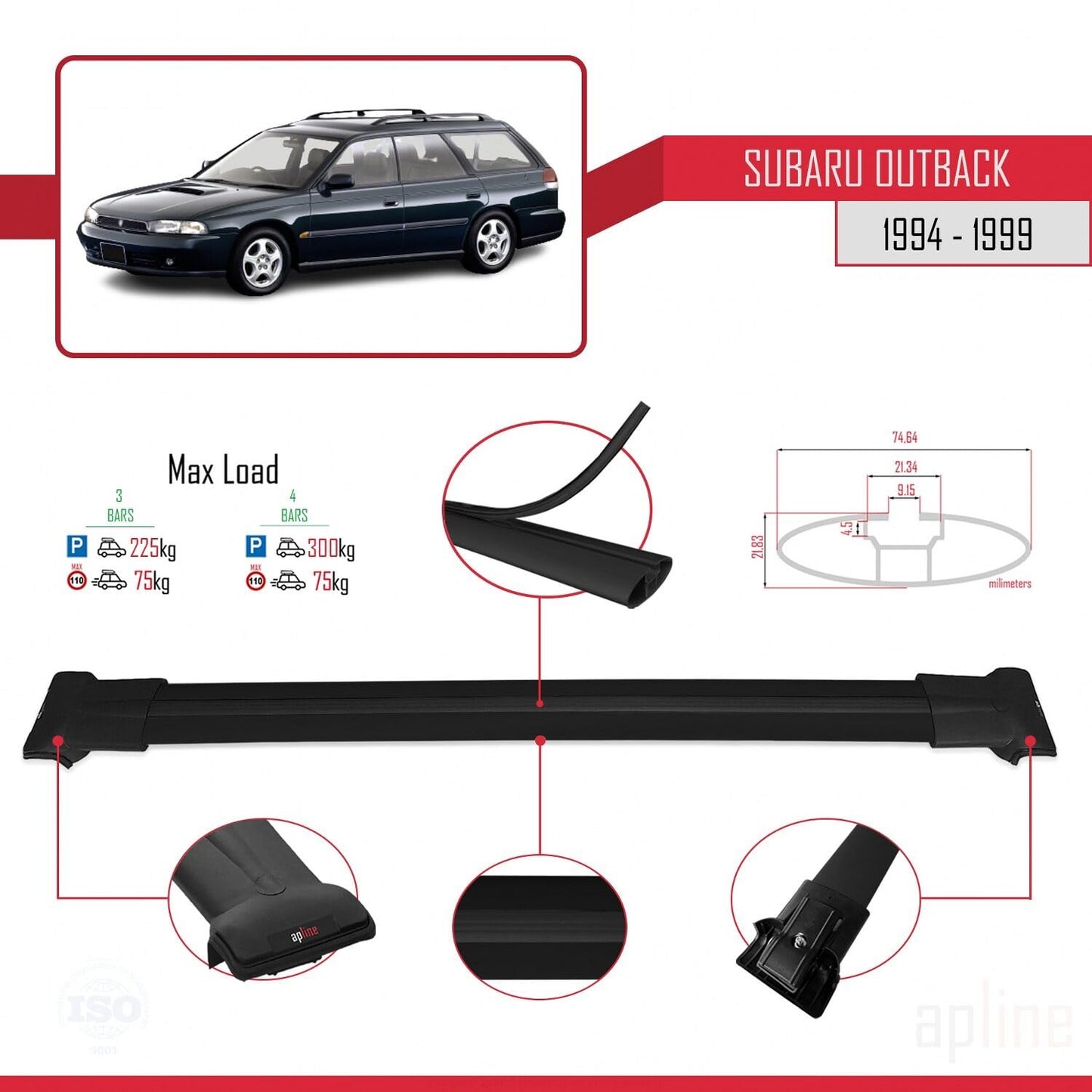 Compatible with Subaru Outback 1994-1999 Fly Model Car Roof Rack Cross Bar Black Aluminium 3 Bars