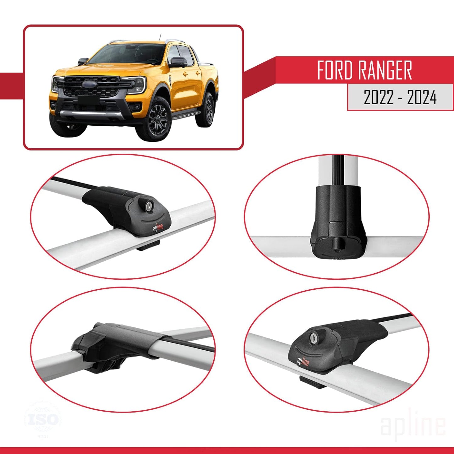 Compatible with Ford Ranger (P703) 2022-2024 ACE-1 Car Roof Rack Cross Bar Grey Aluminium 2 Bars