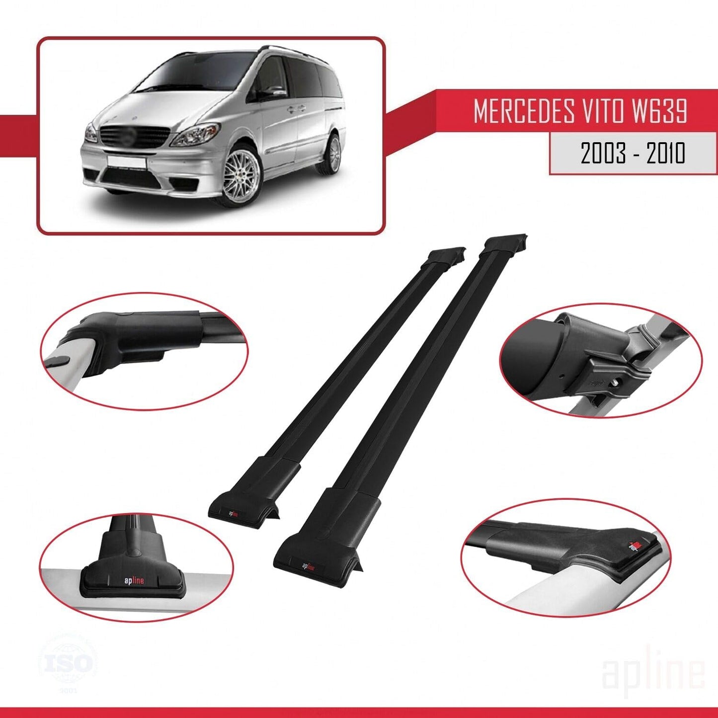 Compatible with Mercedes Vito 2 (W639) Pre-Facelift 2003-2010 Fly Model Car Roof Rack Cross Bar Black Aluminium 2 Bars