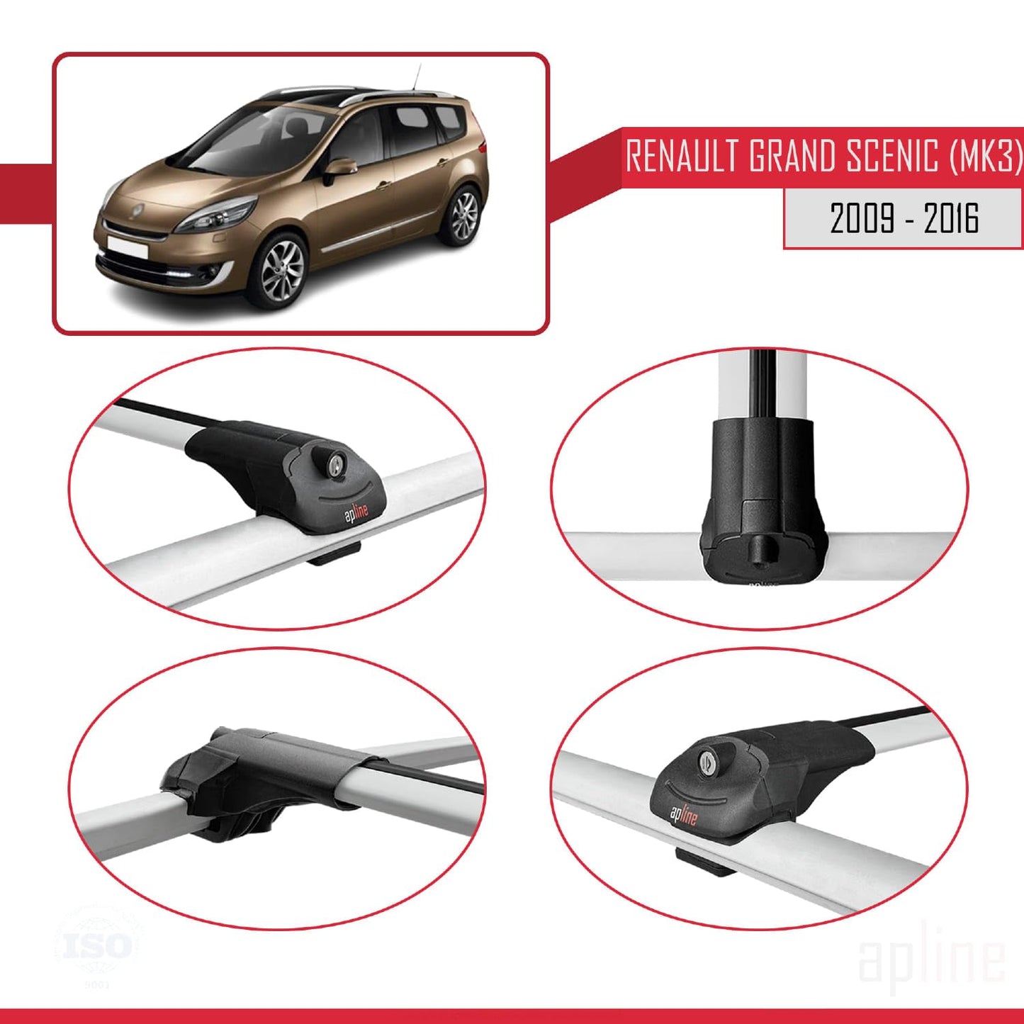 Compatible with Renault Grand Scenic 3 2009-2016 ACE-1 Car Roof Rack Cross Bar Grey Aluminium 2 Bars