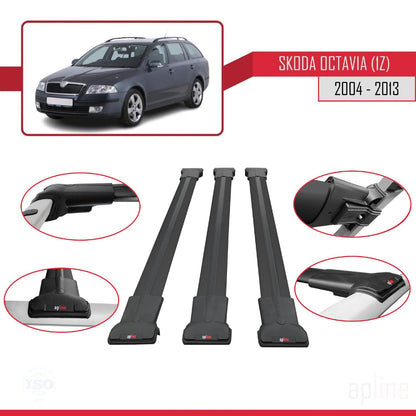 Compatible with Skoda Octavia 2 (1Z) 2004-2013 Fly Model Car Roof Rack Cross Bar Black Aluminium 3 Bars