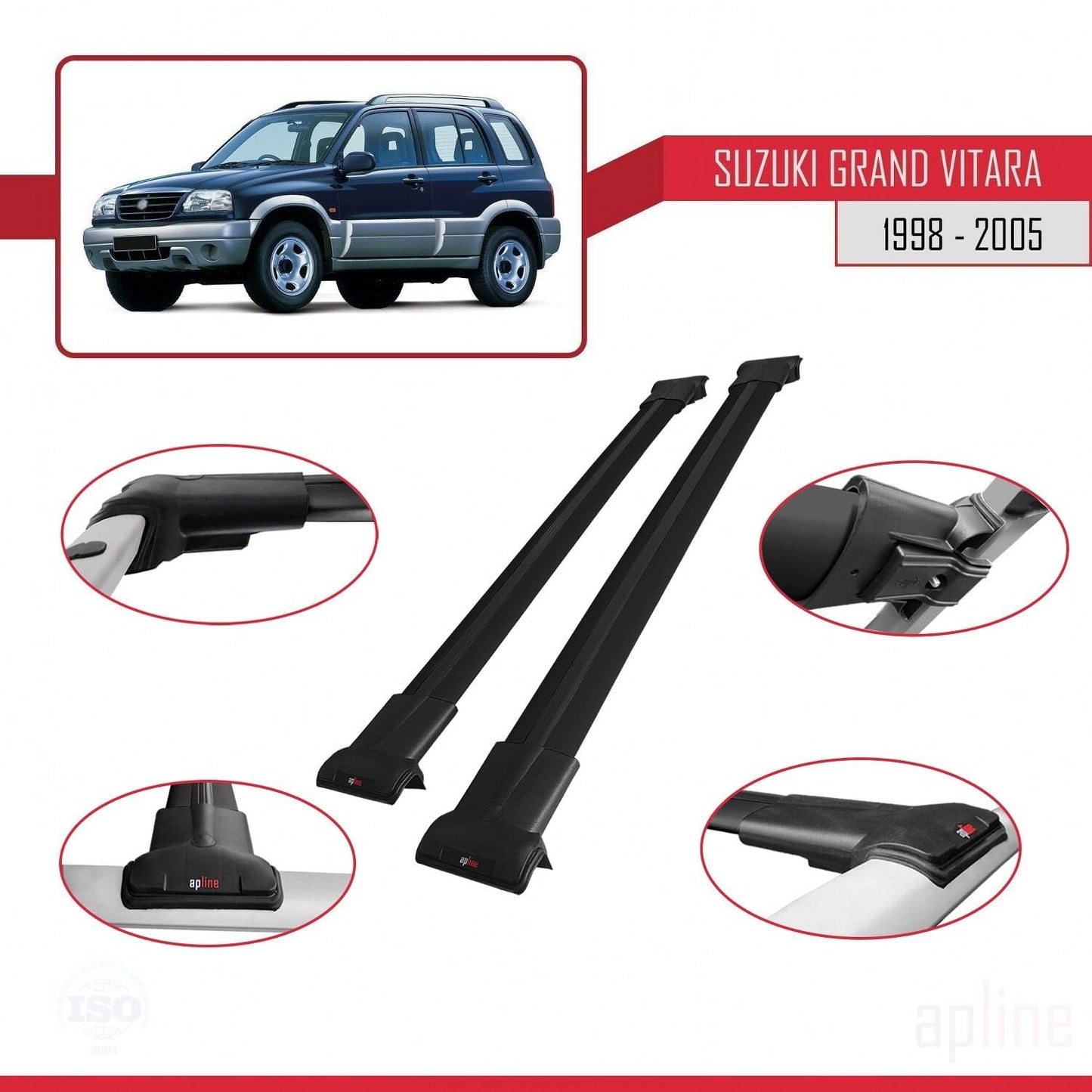 Compatible with Suzuki Grand Vitara (FT) 1998-2005 Fly Model Car Roof Rack Cross Bar Black Aluminium 2 Bars