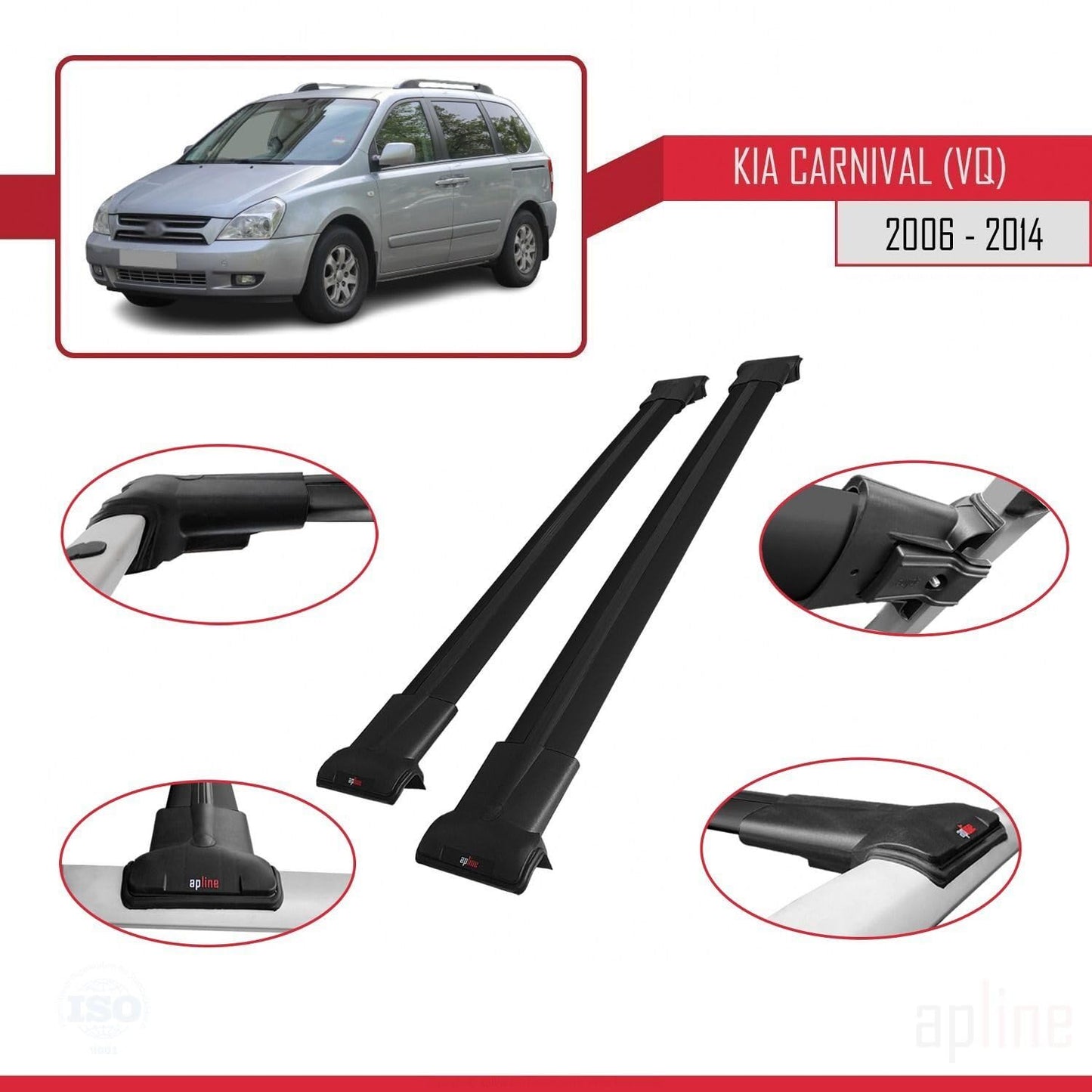 Compatible with Kia Carnival 2 (VQ) 2006-2014 Fly Model Car Roof Rack Cross Bar Black Aluminium 2 Bars