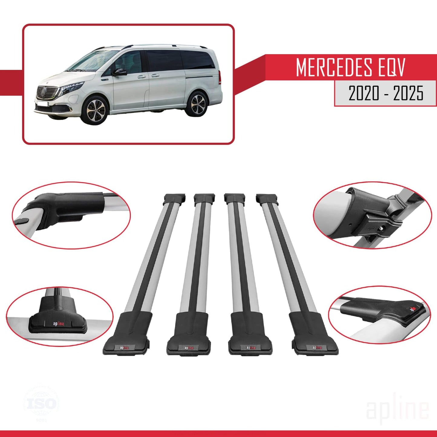 Compatible with Mercedes EQV (W447) 2020-2025 Fly Model Car Roof Rack Cross Bar Grey Aluminium 4 Bars