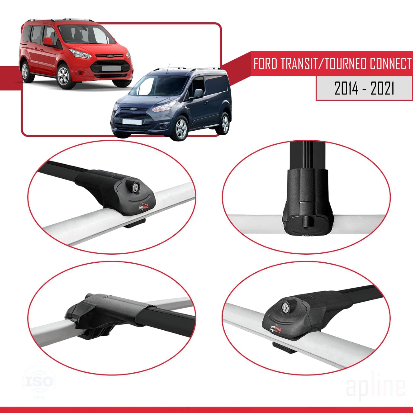 Compatible with Ford Transit/Tourneo Connect 2 2014-2021 ACE-1 Car Roof Rack Cross Bar Black Aluminium 4 Bars