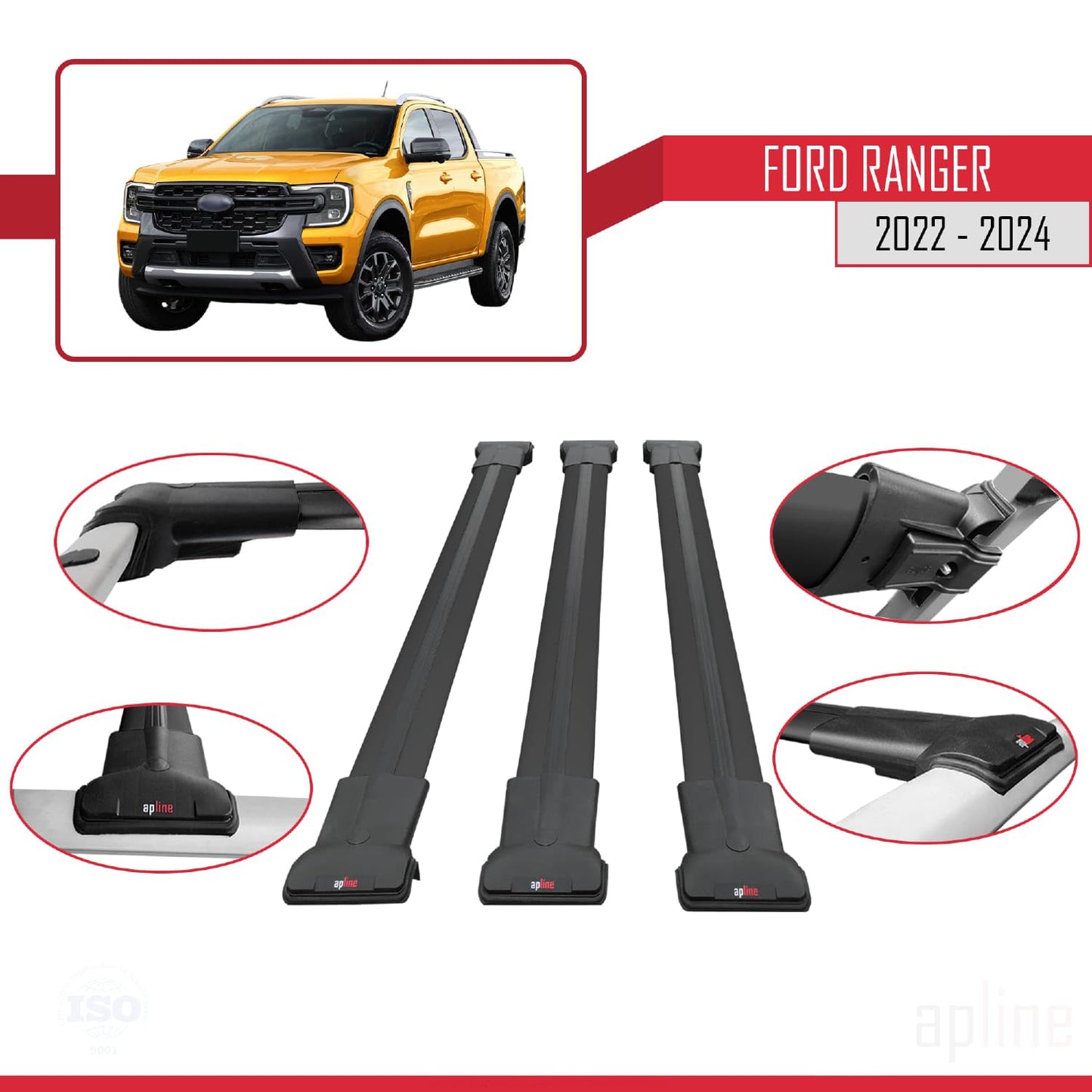 Compatible with Ford Ranger (P703) 2022-2024 Fly Model Car Roof Rack Cross Bar Black Aluminium 3 Bars