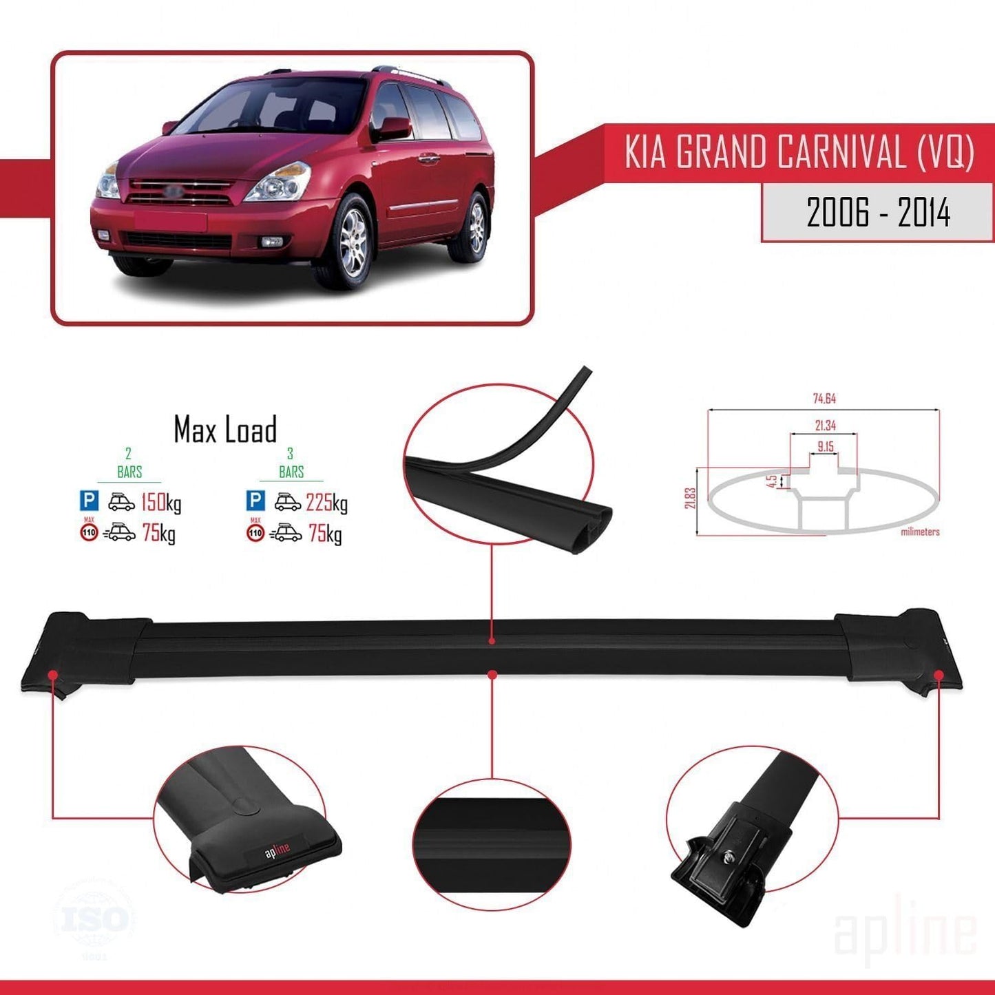 Compatible with Kia Grand Carnival 2 (VQ) 2006-2014 Fly Model Car Roof Rack Cross Bar Black Aluminium 2 Bars