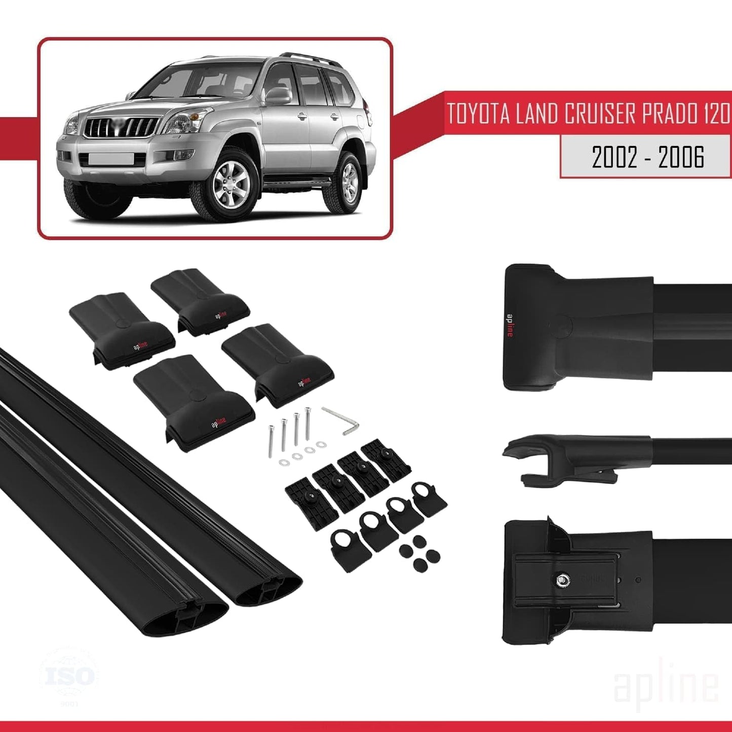 Compatible with Toyota Land Cruiser Prado (J120) 2002-2006 Fly Model Car Roof Rack Cross Bar Black Aluminium 2 Bars