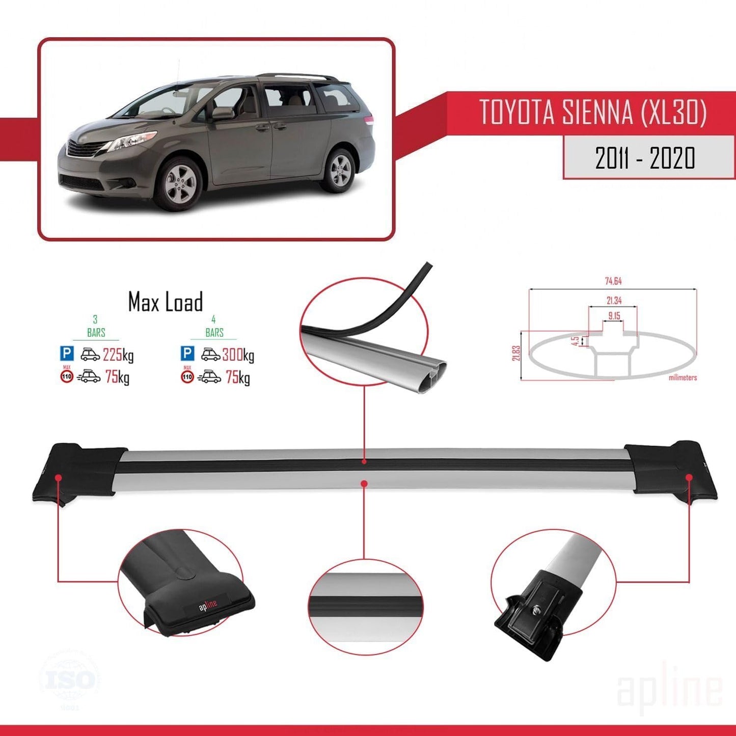 Compatible with Toyota Sienna 3 (XL30) 2011-2020 Fly Model Car Roof Rack Cross Bar Grey Aluminium 3 Bars