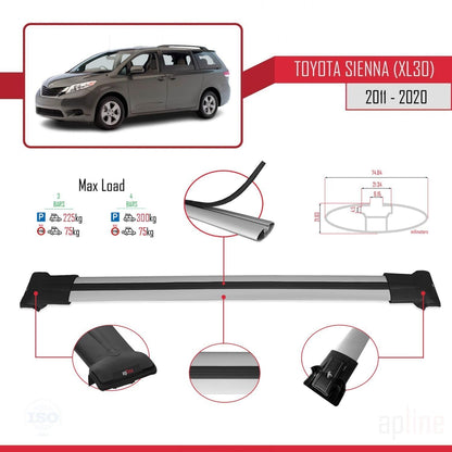 Compatible with Toyota Sienna 3 (XL30) 2011-2020 Fly Model Car Roof Rack Cross Bar Grey Aluminium 3 Bars