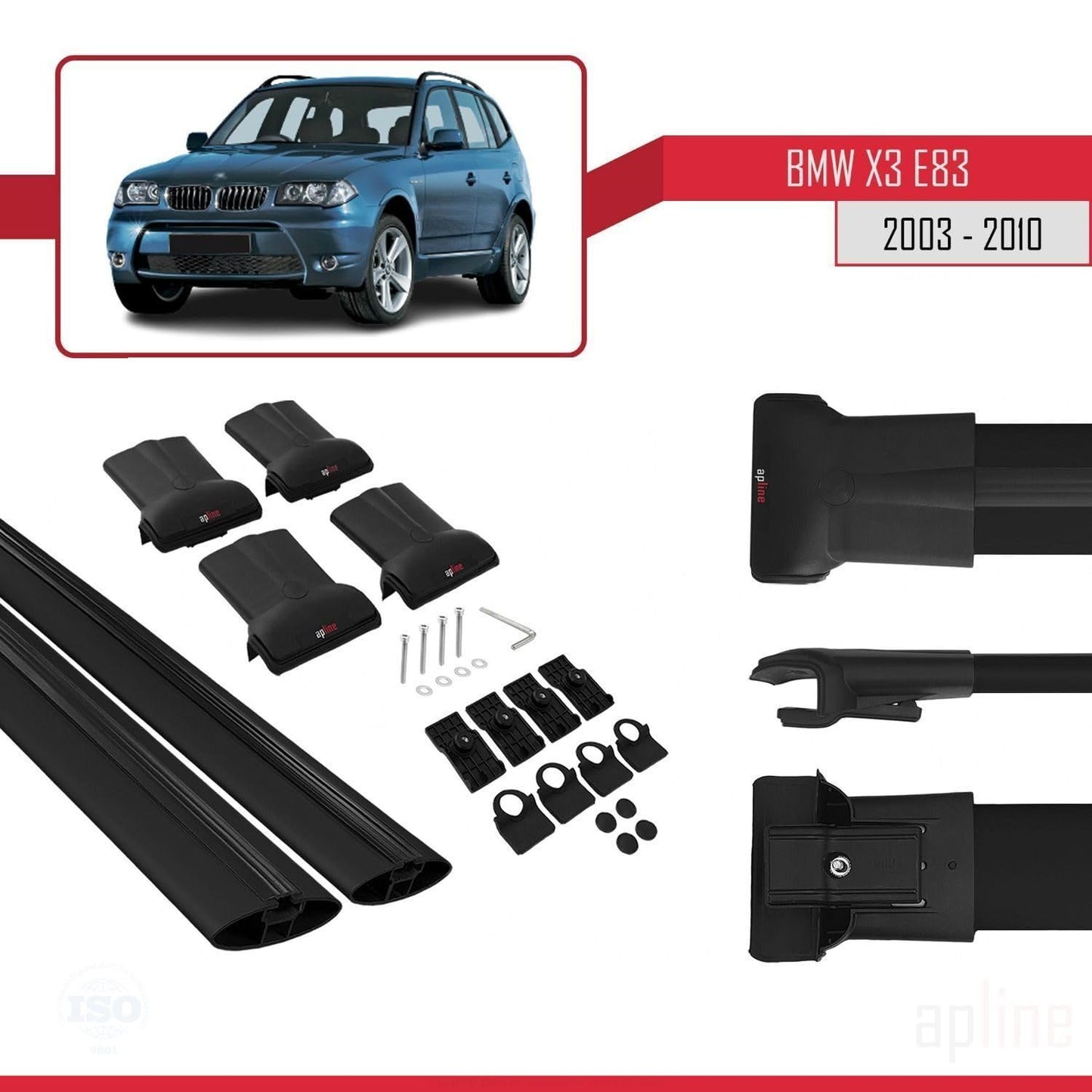 Compatible with BMW X3 (E83) 2003-2010 Fly Model Car Roof Rack Cross Bar Black Aluminium 2 Bars