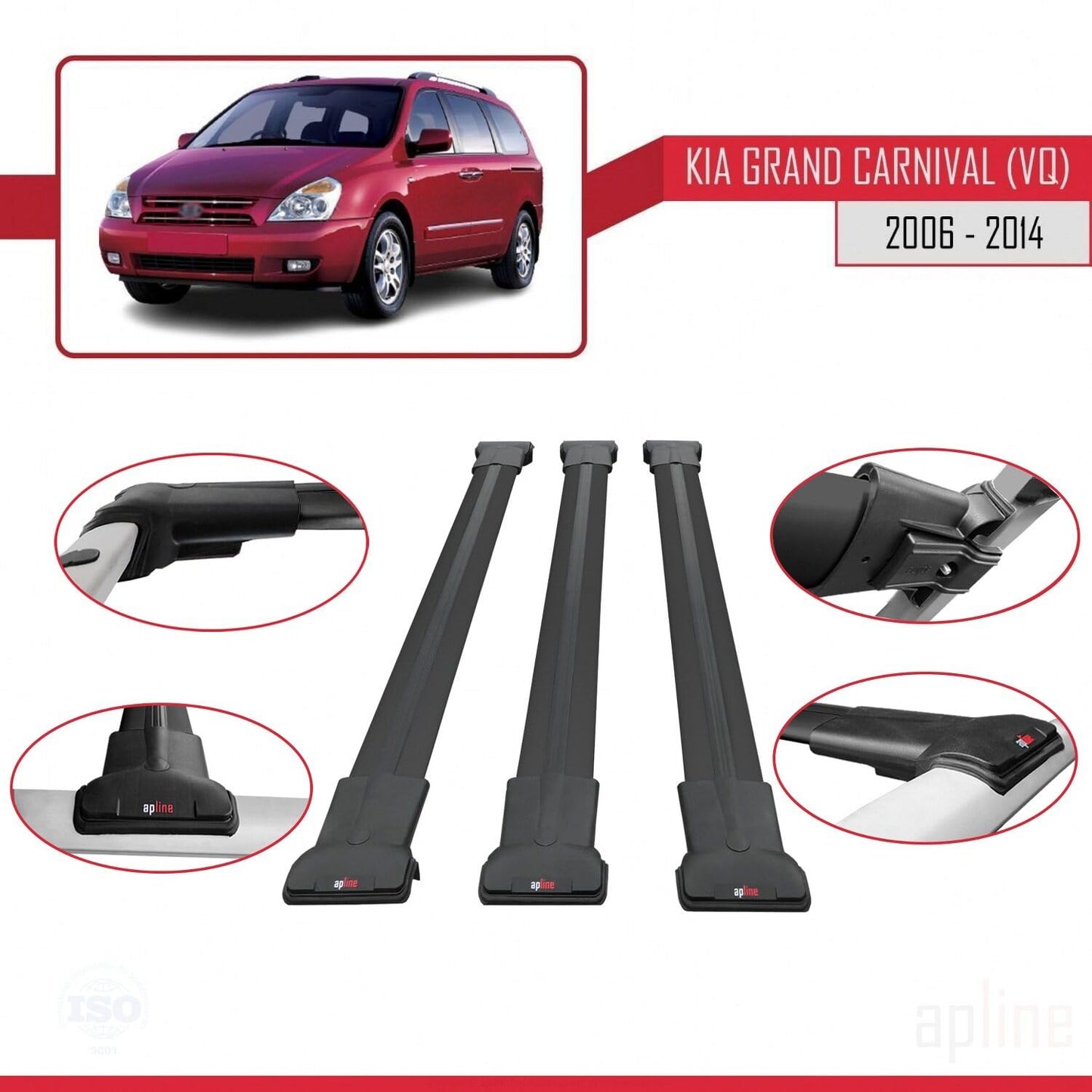 Compatible with Kia Grand Carnival 2 (VQ) 2006-2014 Fly Model Car Roof Rack Cross Bar Black Aluminium 3 Bars