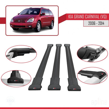 Compatible with Kia Grand Carnival 2 (VQ) 2006-2014 Fly Model Car Roof Rack Cross Bar Black Aluminium 3 Bars